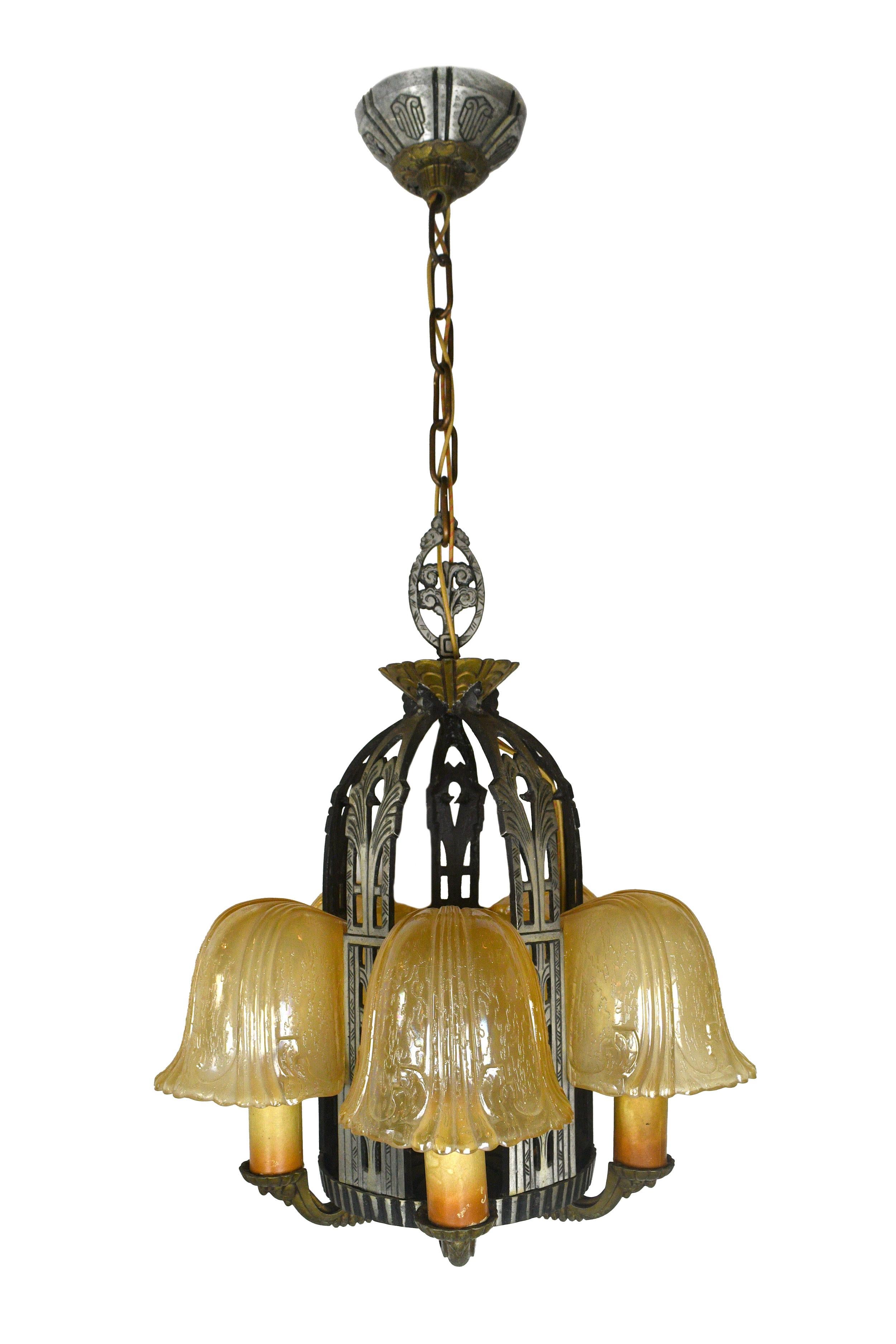 Riddle Art Deco 5 Candle Slip Shade Chandelier In Good Condition For Sale In Minneapolis, MN