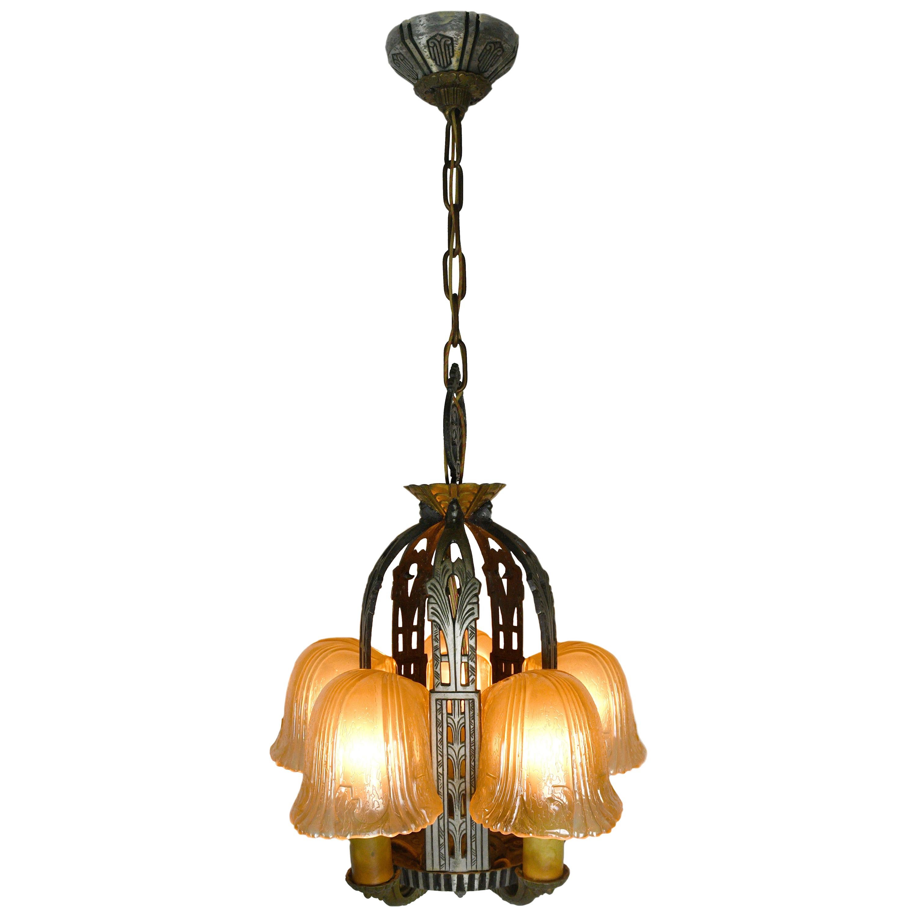 Riddle Art Deco 5 Candle Slip Shade Chandelier For Sale