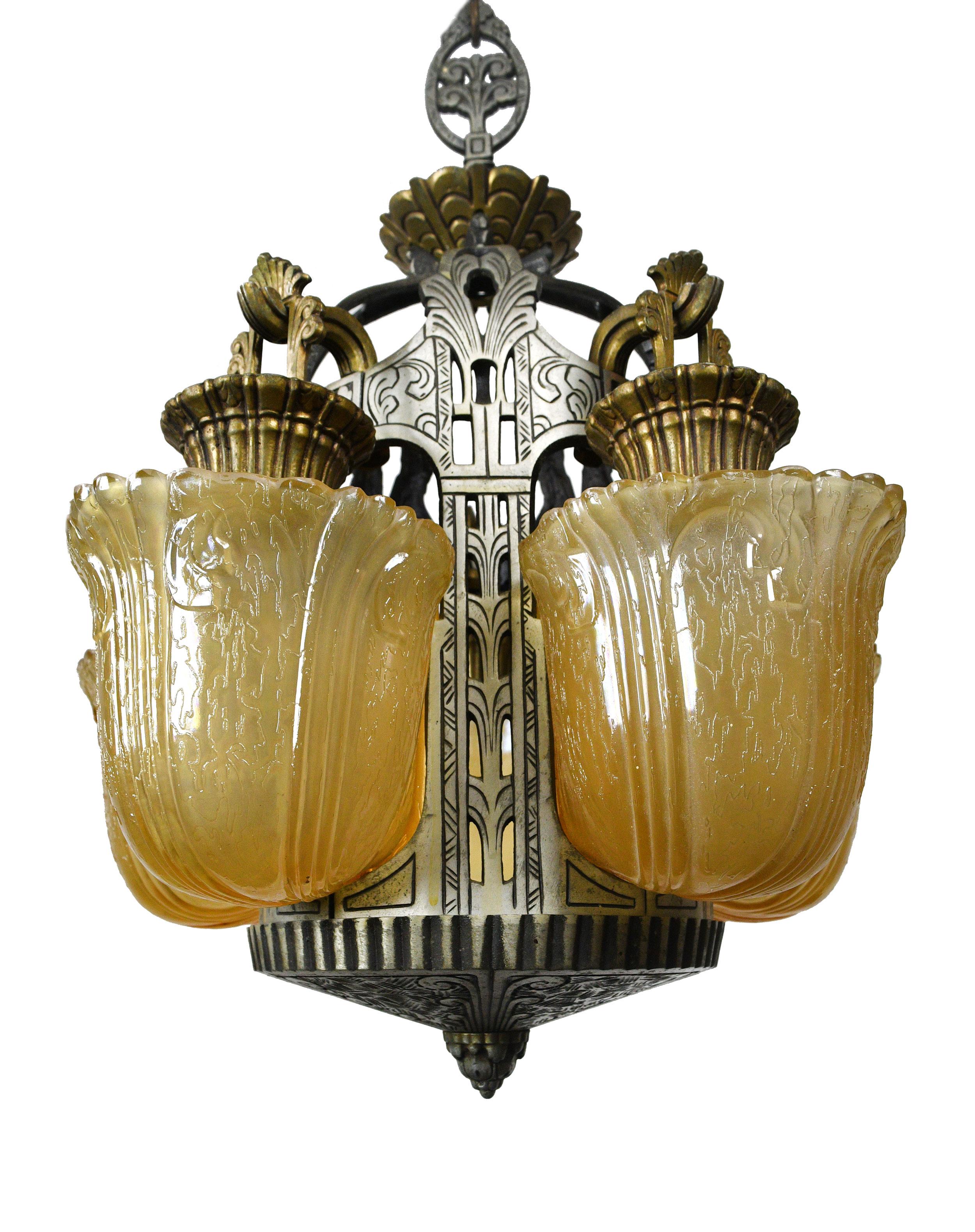 Riddle Art Deco 5-Light Slip Shade Chandelier In Good Condition In Minneapolis, MN