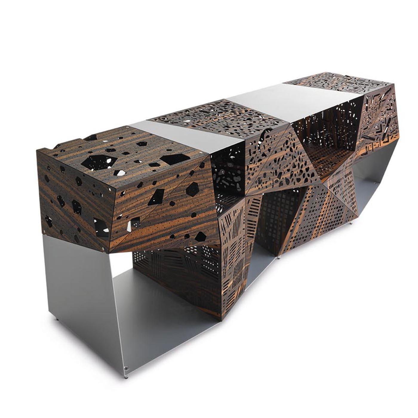 Designed by Steven Holl, this captivating and stunning sideboard is a sculptural objet d'art, exquisitely crafted with meticulous attention to details. It comprises an aluminum frame enclosing five containers of different geometric shapes, equipped