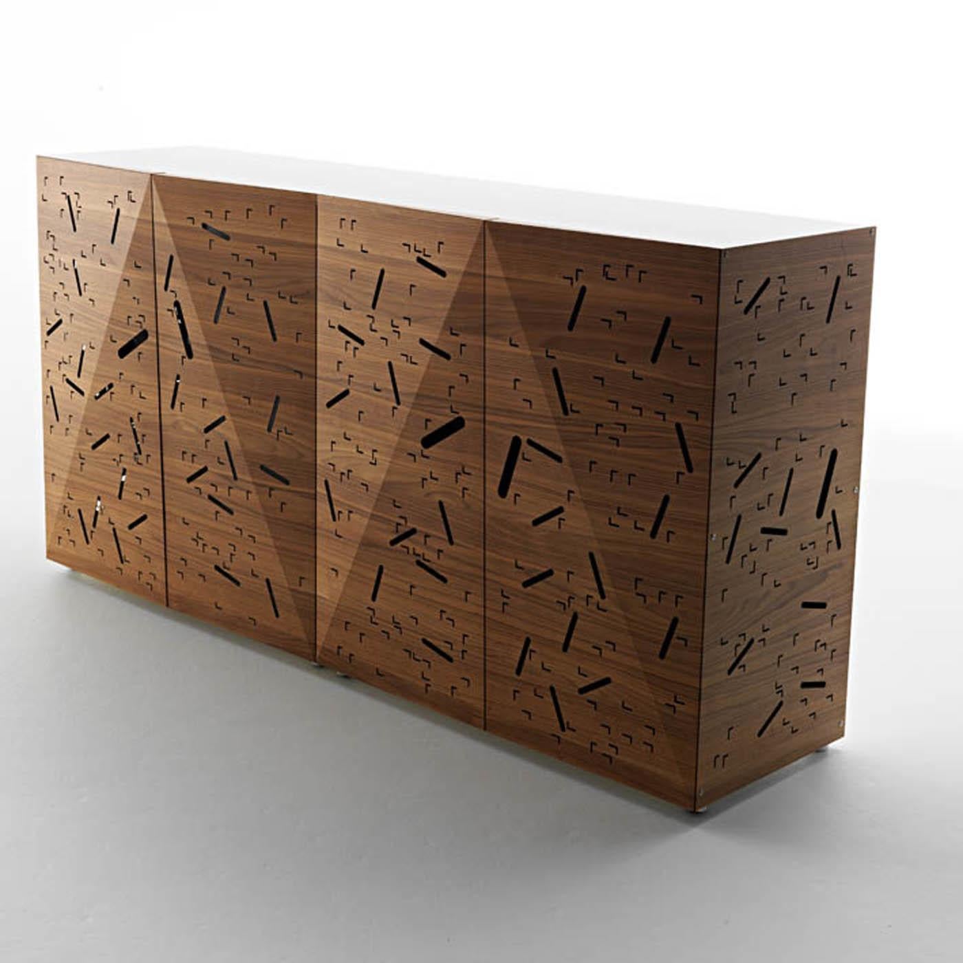 An example of advanced technology designed by Steven Holl, the distinctive and spectacular element of this sideboard is its thin, wooden door boasting a laser-cut fretwork that radiates the internal LED lights (input 100-240V -Europlug CEE 7/16)