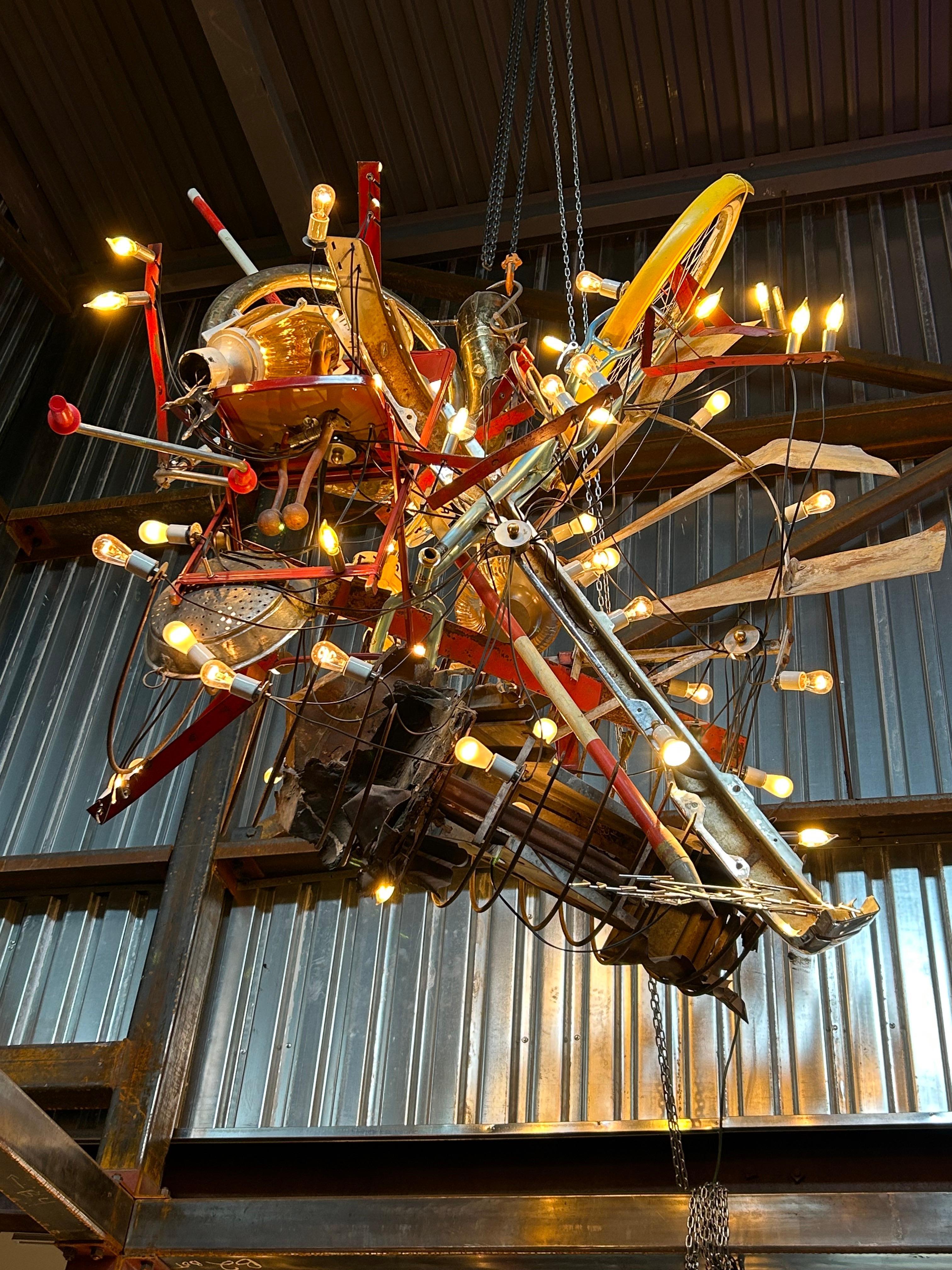 Warren Muller's artistc humorous journey is a tribute to all the wordly things that create our memories. Reclaimed and repurposed items like Former Burning Man bicycle and architectural relic from Artist's former home, and souveniers picked up along