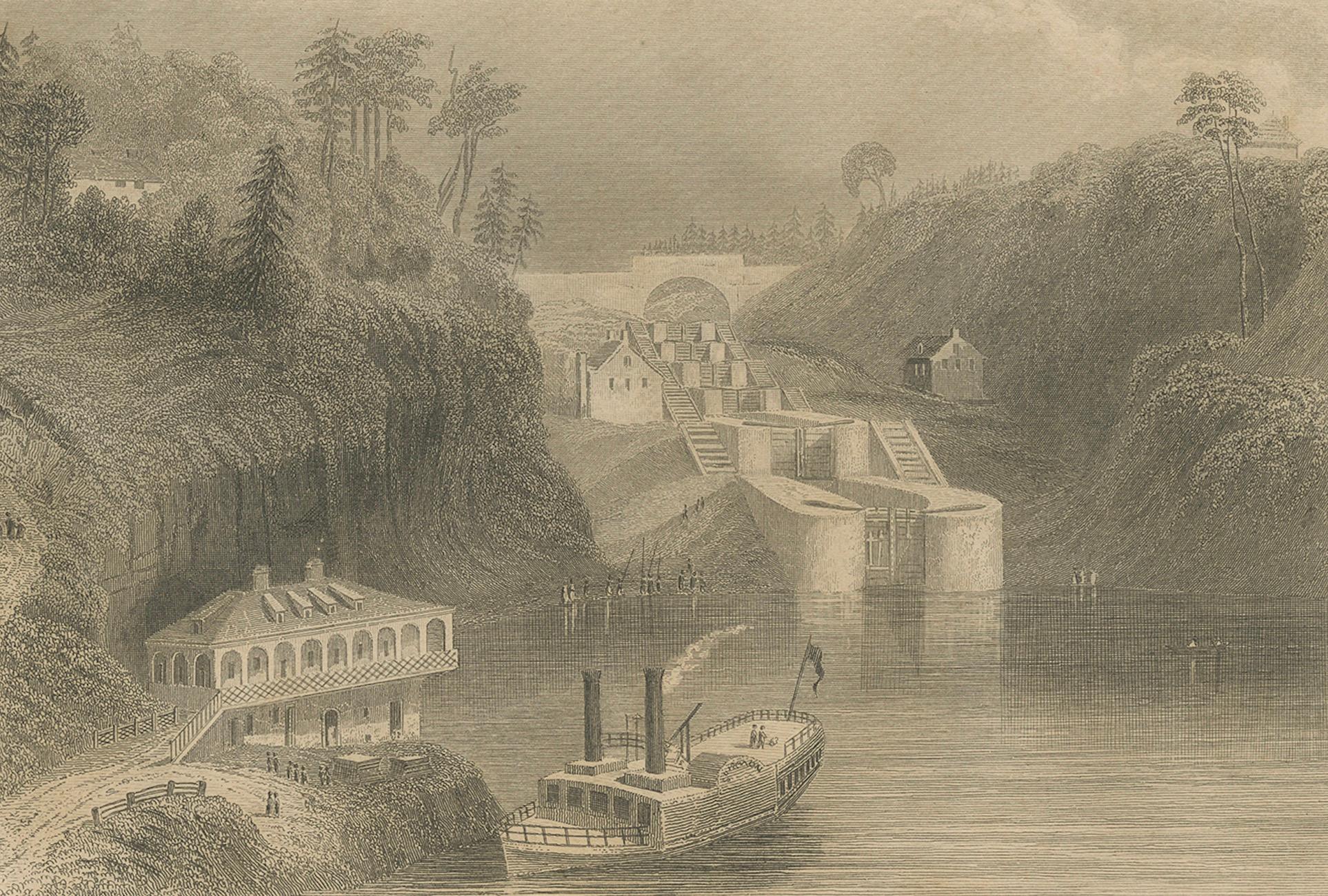 Esclusas del Canal Rideau y Residencia de Haliburton - Par de vistas canadienses, ca.1850 Grabado en venta