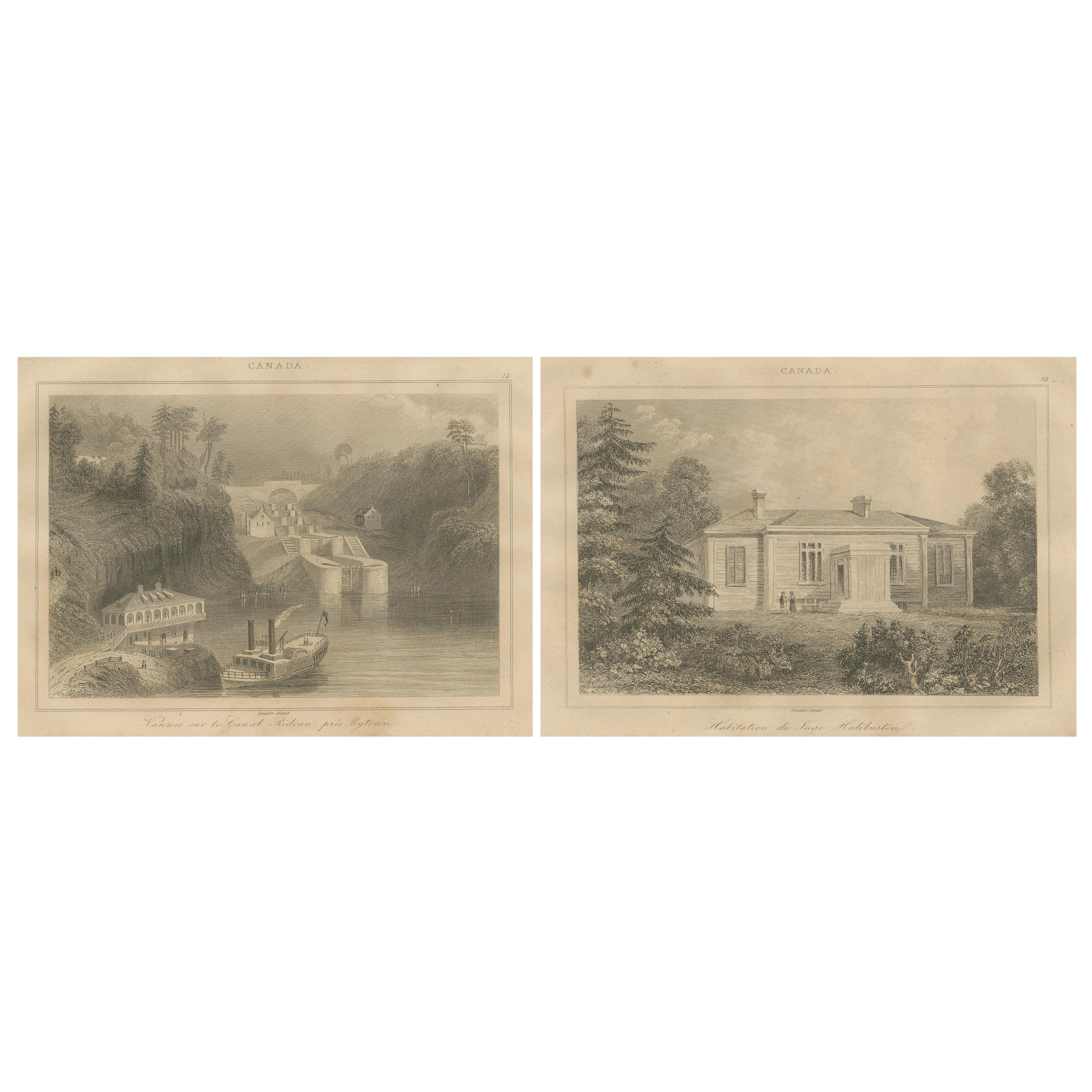 Esclusas del Canal Rideau y Residencia de Haliburton - Par de vistas canadienses, ca.1850