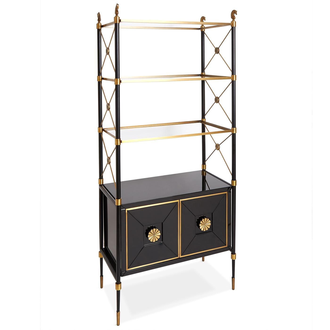 Parisian flair. Our rider étagère is an updated take on French Empire style. Glossy black lacquer with antiqued brass accents and cast brass horse finials create a regal vibe. The floating glass shelves and leggy base make this hardworking étagère