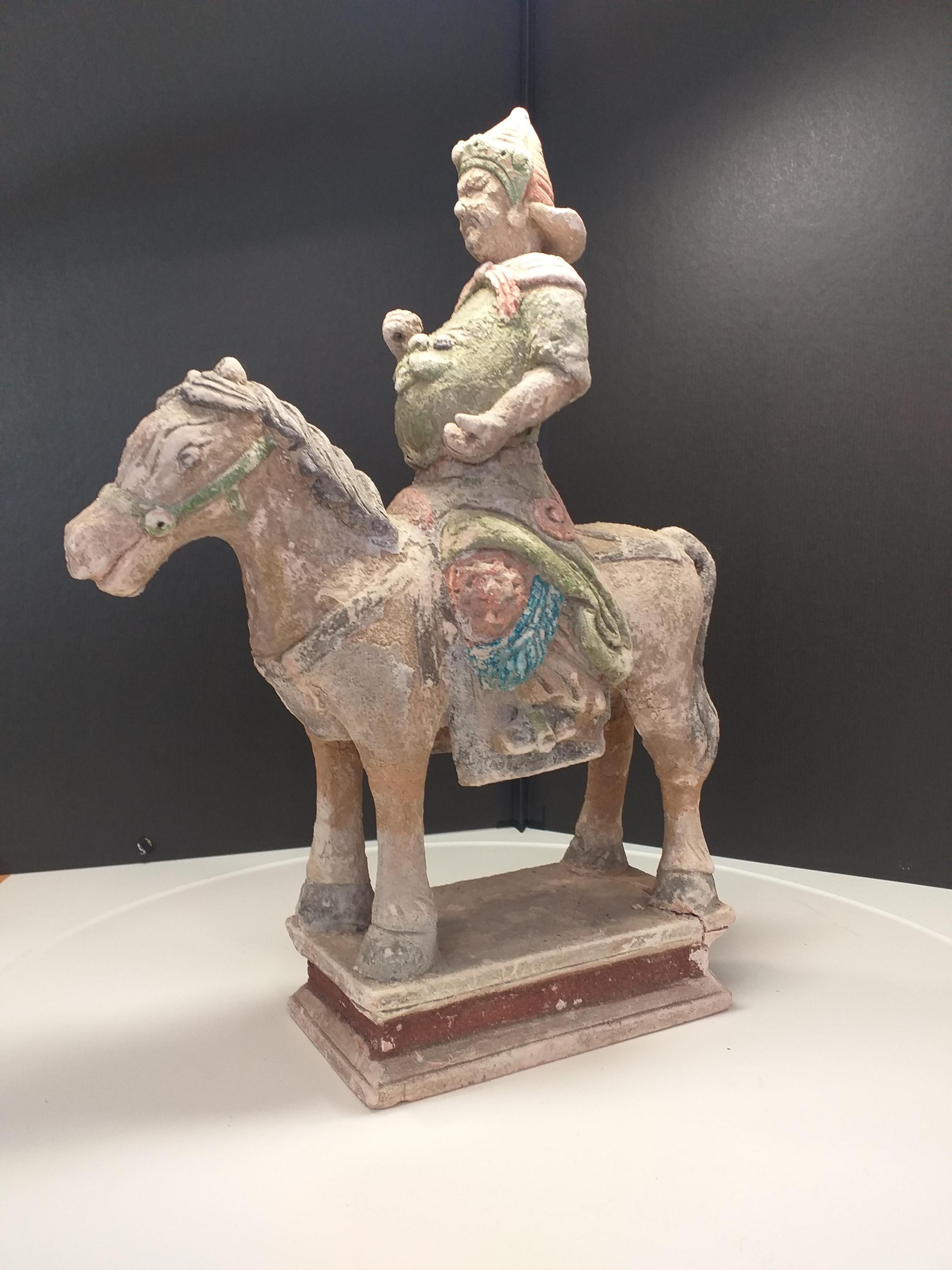 Chinese Rider, Polychrome Terracotta, Ming Period For Sale