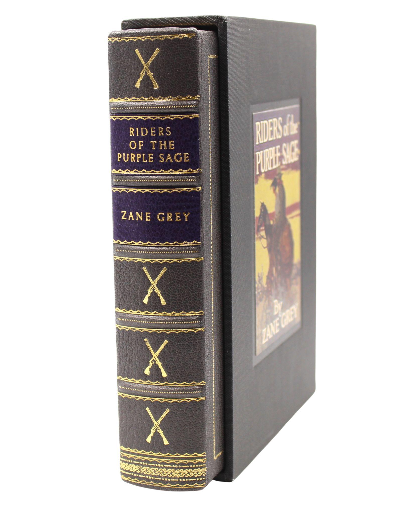 Grey, Zane. Riders of the Purple Sage. A Novel. New York: Grosset & Dunlap, 1912 (1940s). Illustrated by Douglas Duer. Presented in full gray Moroccan leather with gilt tooling to front board, raised bands, gilt titles, and gilt tooling to spine,