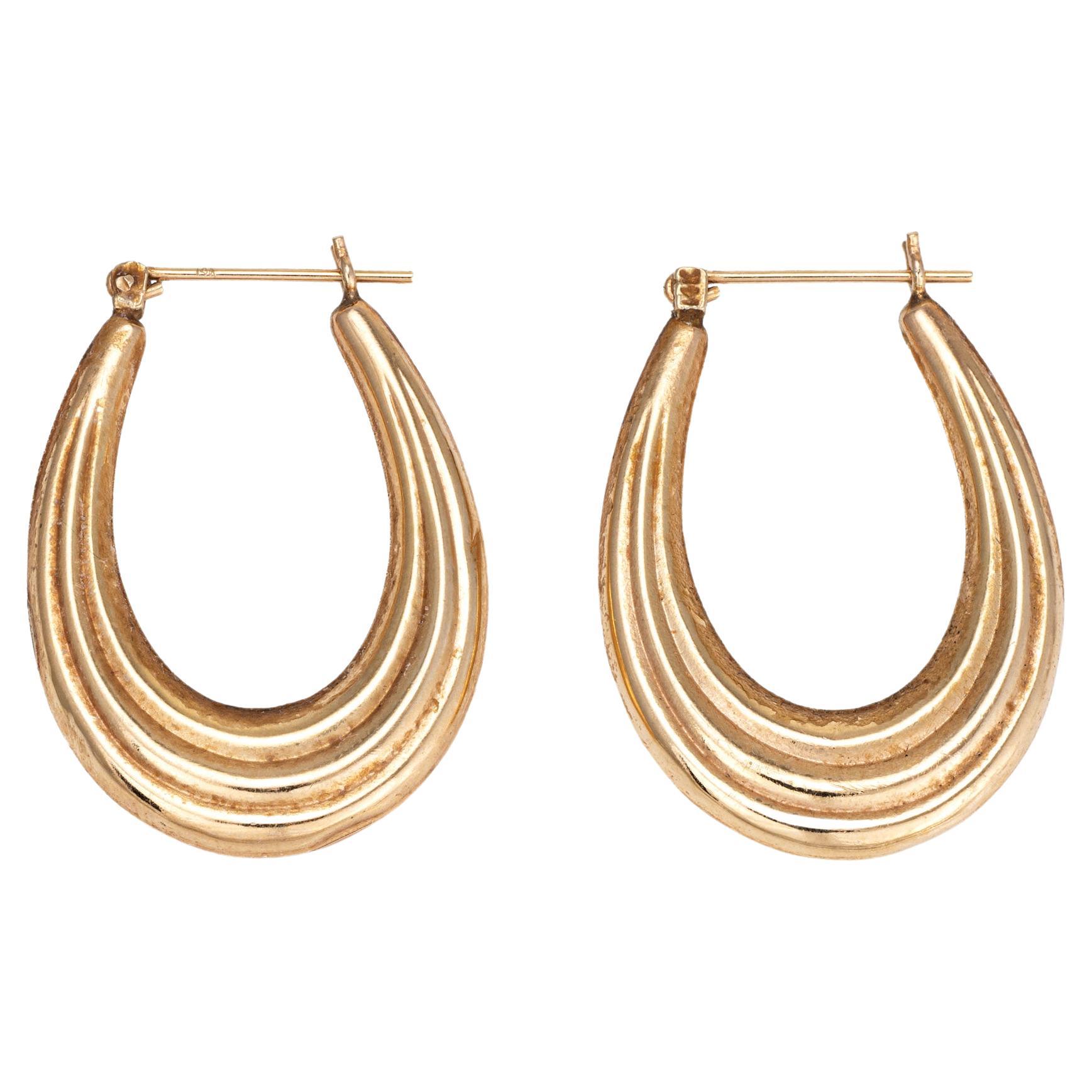 Ridged Oval Hoop Earrings Vintage 14k Yellow Gold Drops Estate Jewelry For Sale