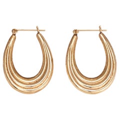 Ridged Oval Hoop Earrings Vintage 14k Yellow Gold Drops Estate Jewelry
