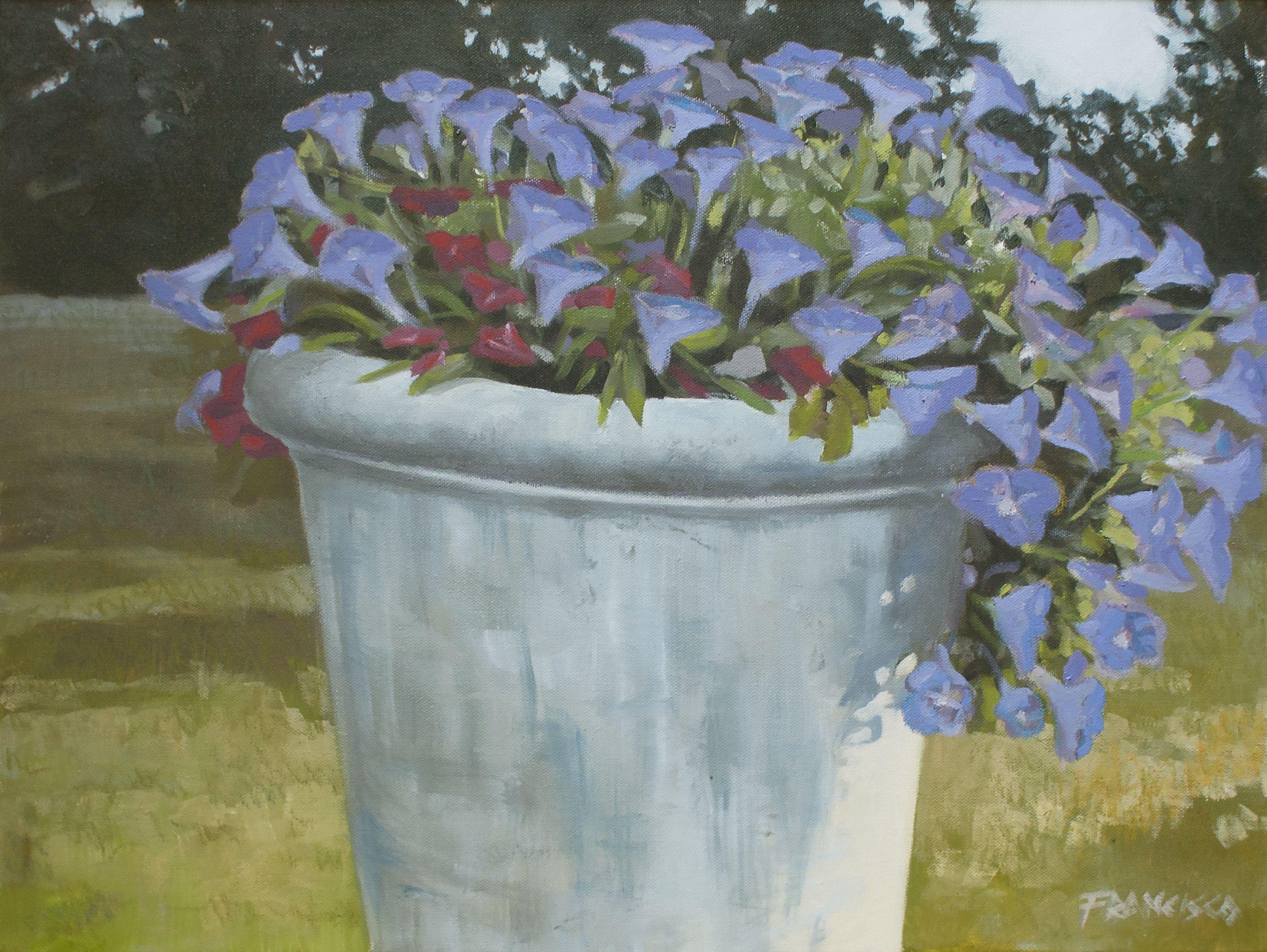 A later afternoon study of color and composition, featuring radiant blue and red flowers in a giant urn.   :: Painting :: Realism :: This piece comes with an official certificate of authenticity signed by the artist :: Ready to Hang: Yes :: Signed: