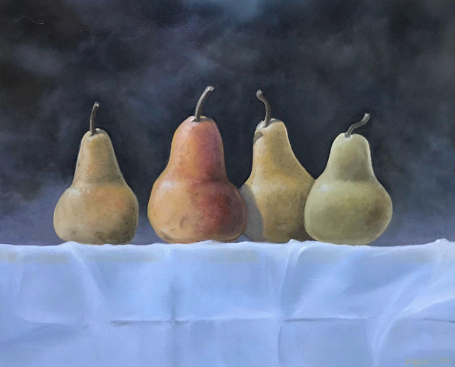 Simple yet dramatic setting of four pears against a dark, ominous sky. The darkness is offset by a bright, light linen tablecloth. These elements help to frame the lush colors of the fruit. :: Painting :: Realism :: This piece comes with an official