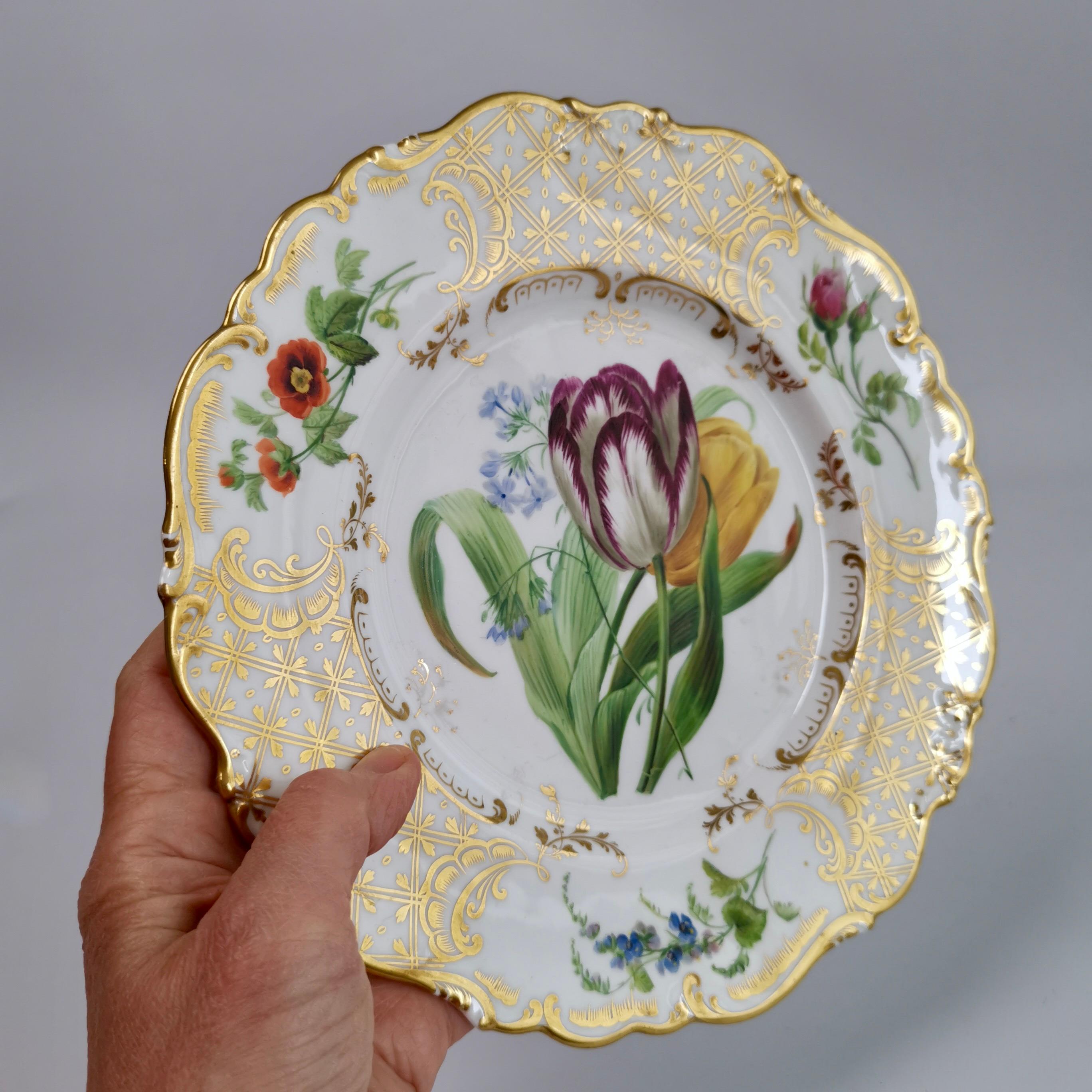 This is a stunning dessert plate made by Ridgway some time between 1845 and 1850. It would have belonged to a large dessert service. The plate is beautifully shaped and has a rich decoration of lavish gilt and stunning hand painted flowers.

I