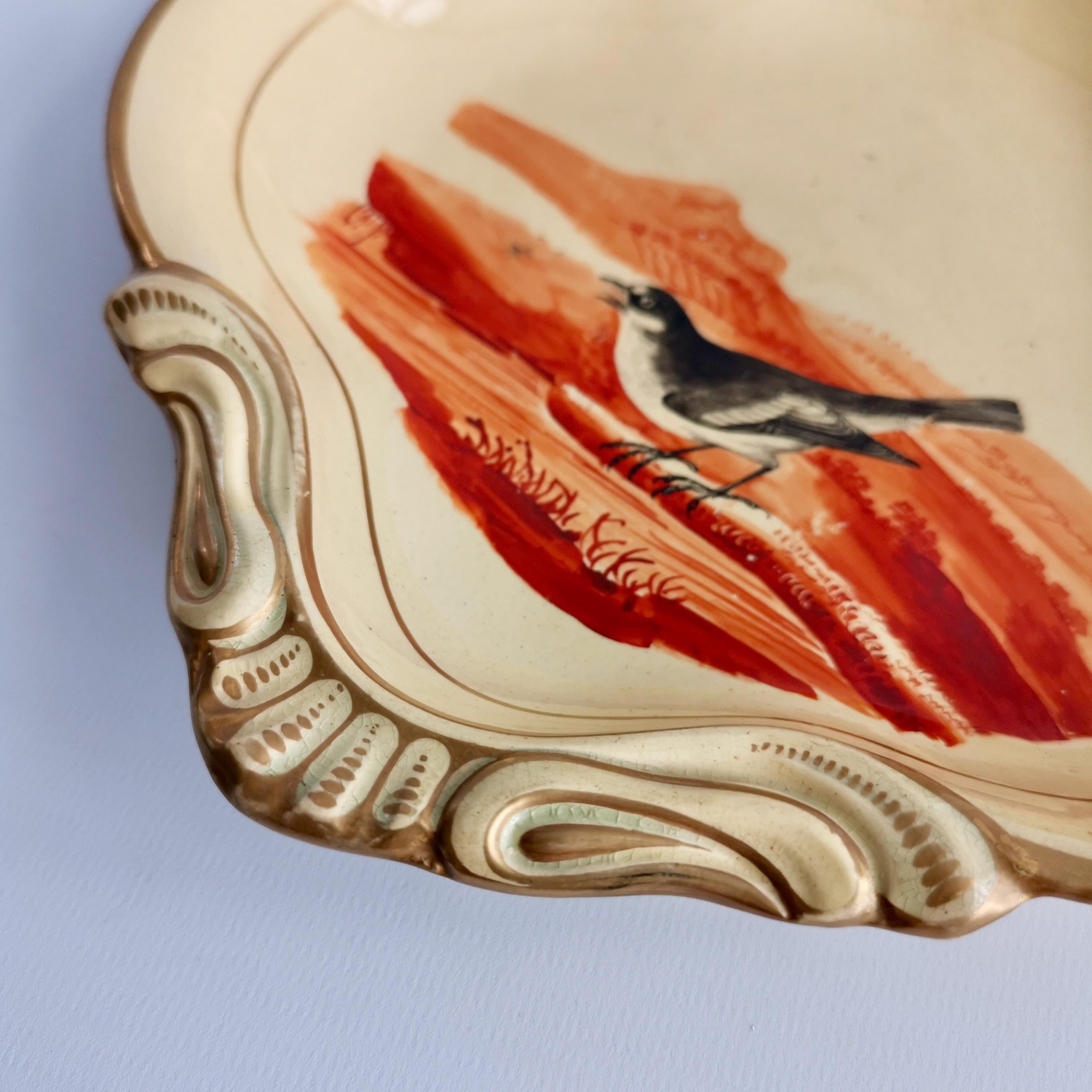 English Ridgway Drabware Shell Dish with Bird After Bewick, Beige, Ochre, Regency 1808
