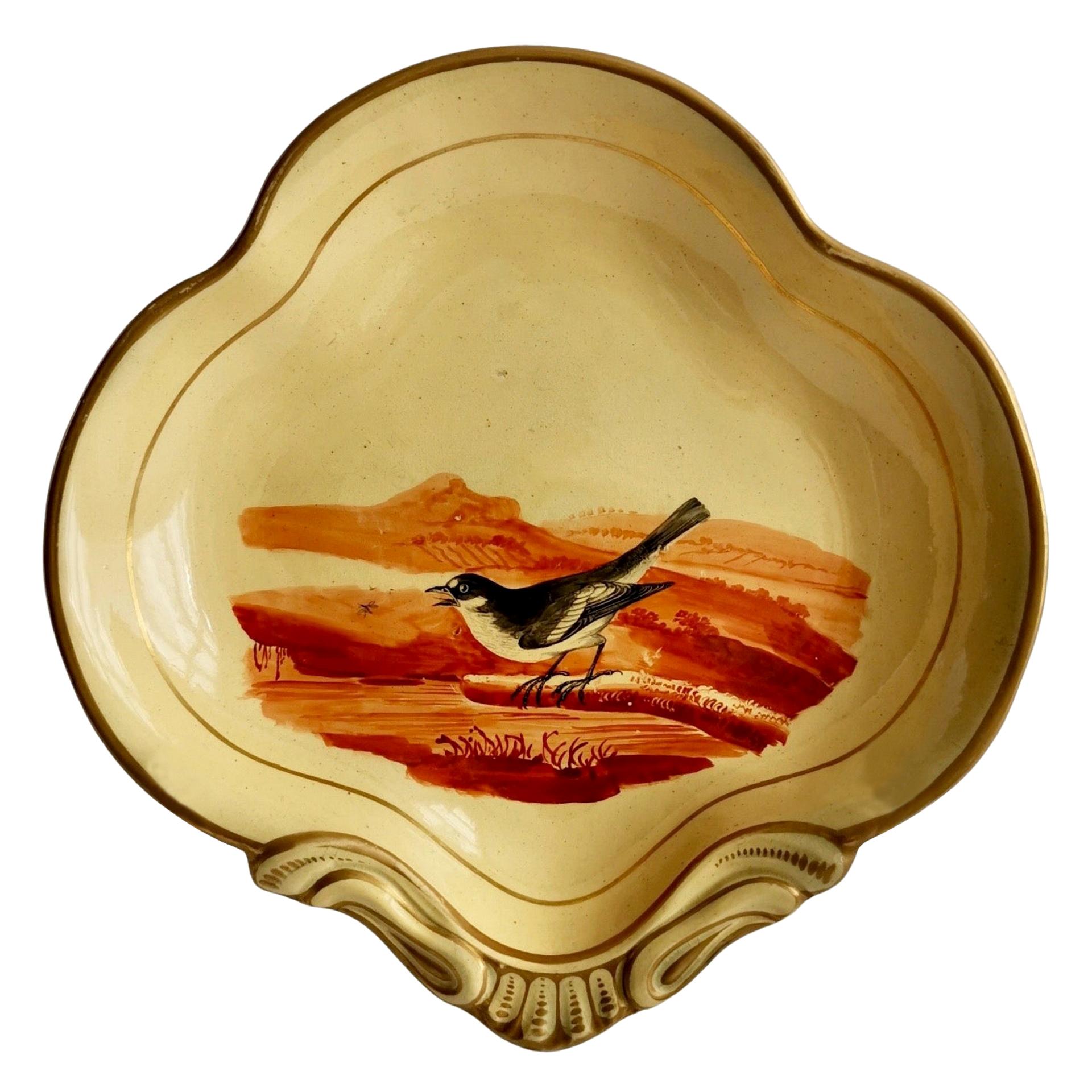 Ridgway Drabware Shell Dish with Bird After Bewick, Beige, Ochre, Regency 1808