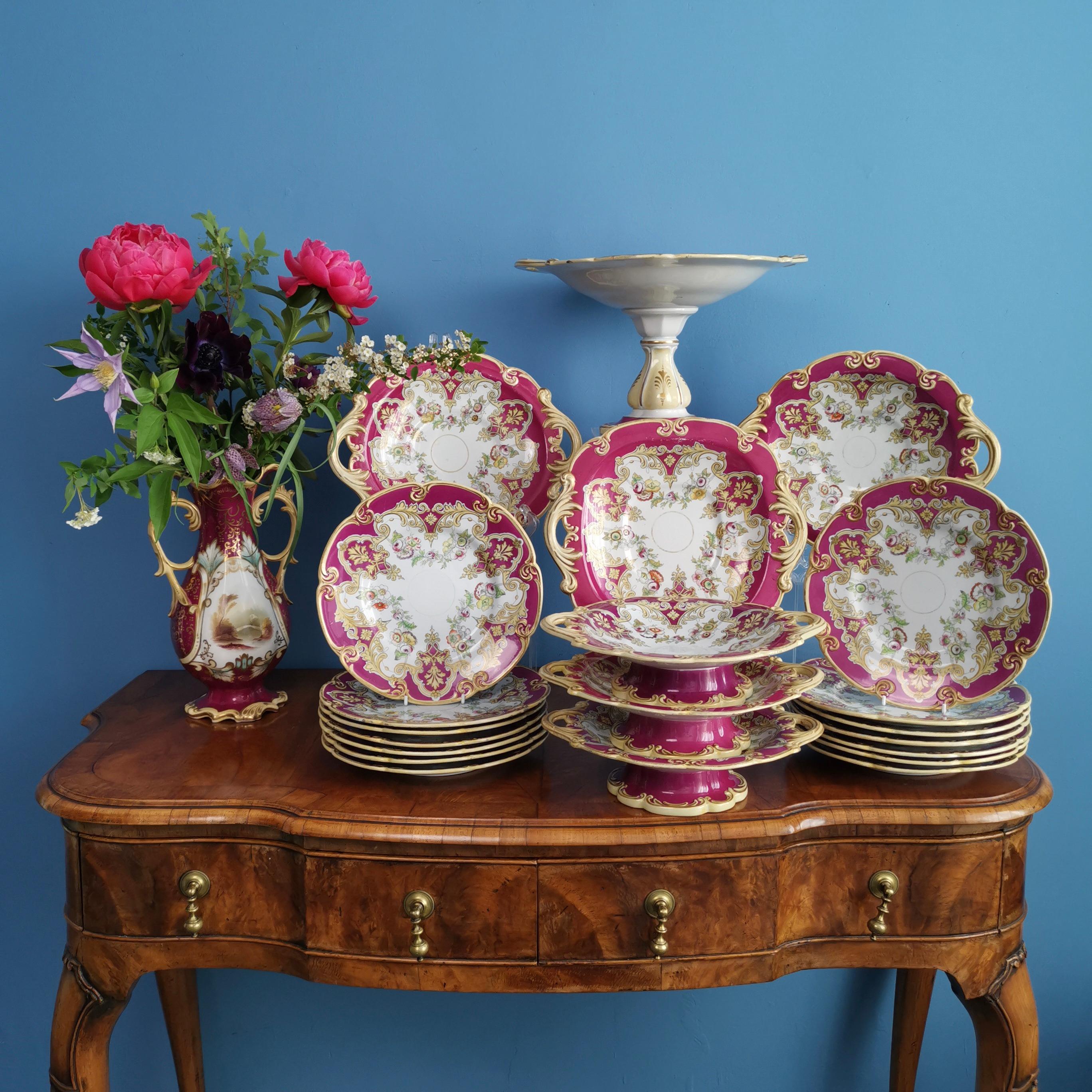 Victorian Ridgway Earthenware Dessert Service, Fuchsia Pink, Floral Festoons, ca 1870