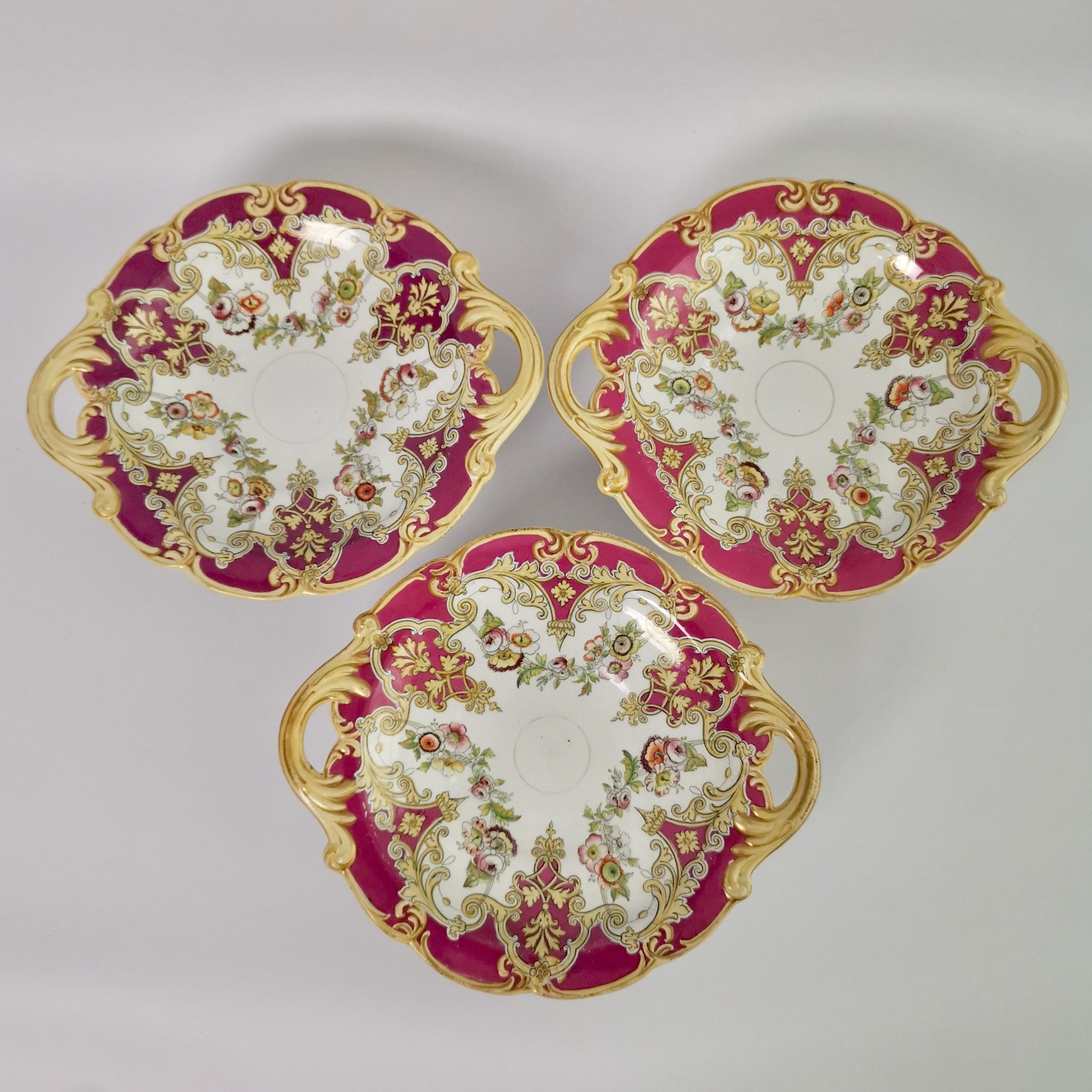 Hand-Painted Ridgway Earthenware Dessert Service, Fuchsia Pink, Floral Festoons, ca 1870