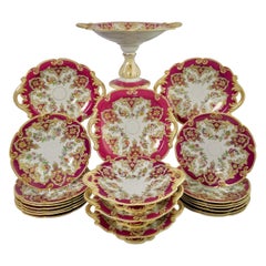 Antique Ridgway Earthenware Dessert Service, Fuchsia Pink, Floral Festoons, ca 1870