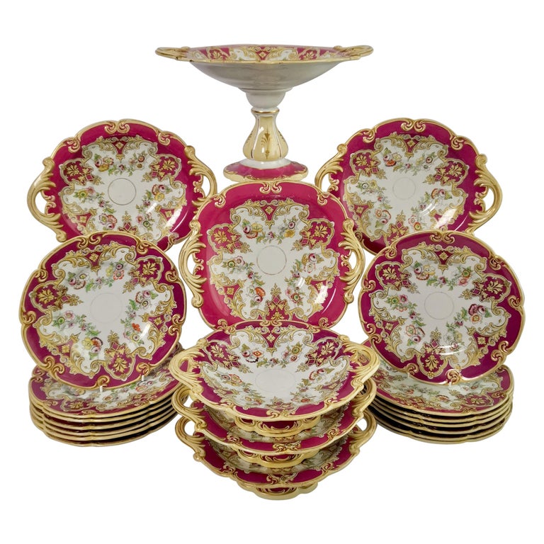 Ridgway Earthenware Dessert Service, Fuchsia Pink, Floral Festoons, ca