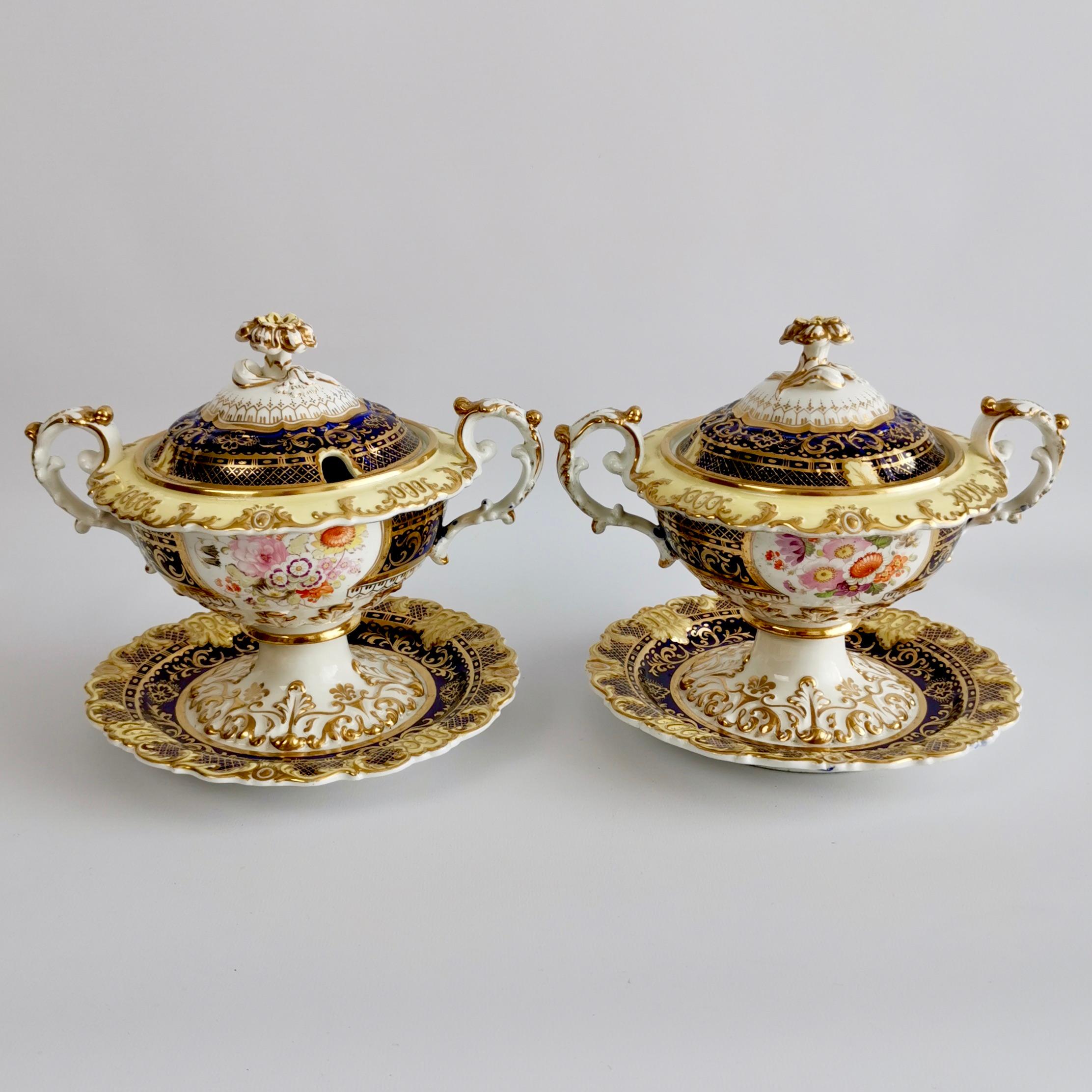 Ridgway Full Dessert Service, Cobalt Blue, Gilt and Flowers, Regency, circa 1825 1