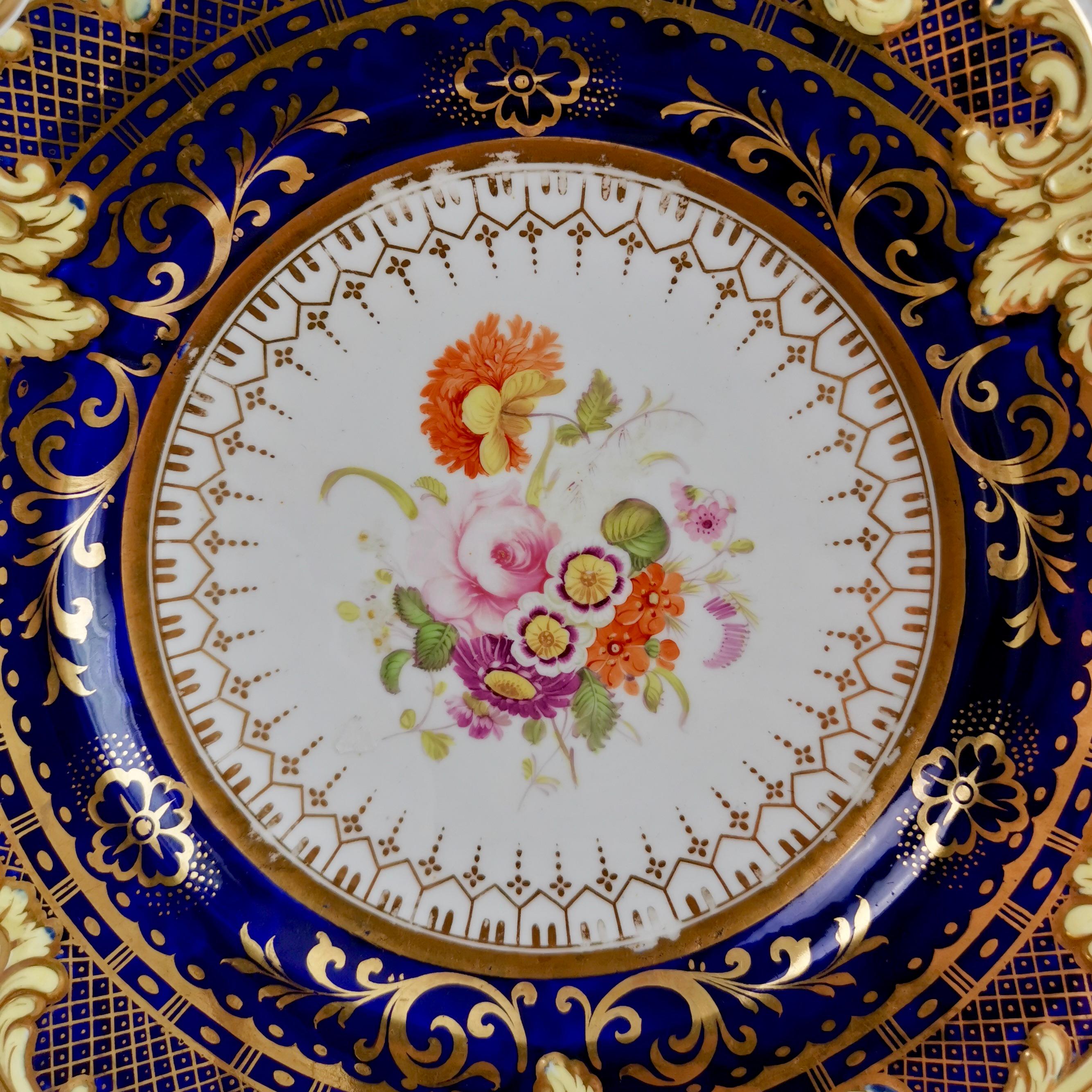 English Ridgway Full Dessert Service, Cobalt Blue, Gilt and Flowers, Regency, circa 1825