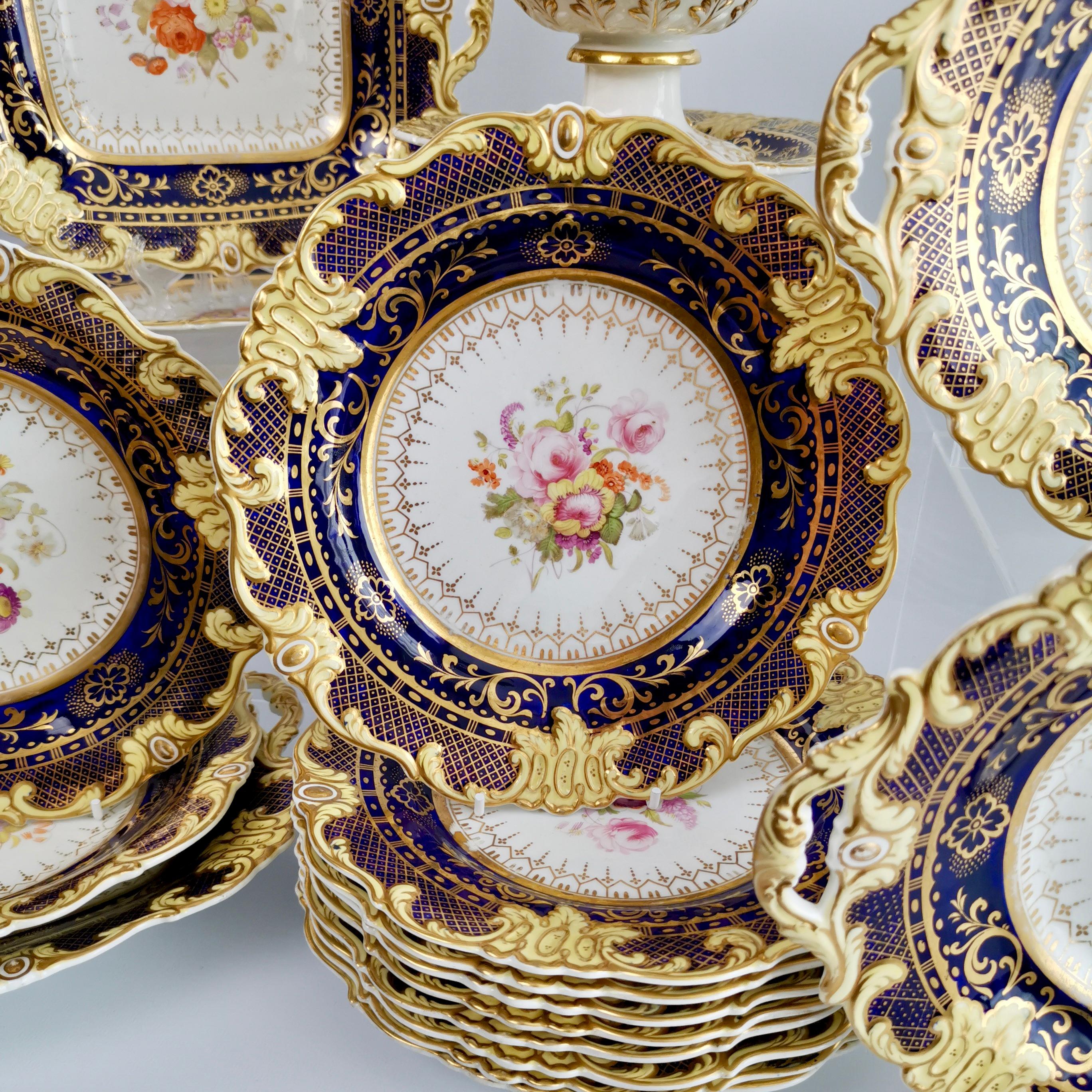 Hand-Painted Ridgway Full Dessert Service, Cobalt Blue, Gilt and Flowers, Regency, circa 1825