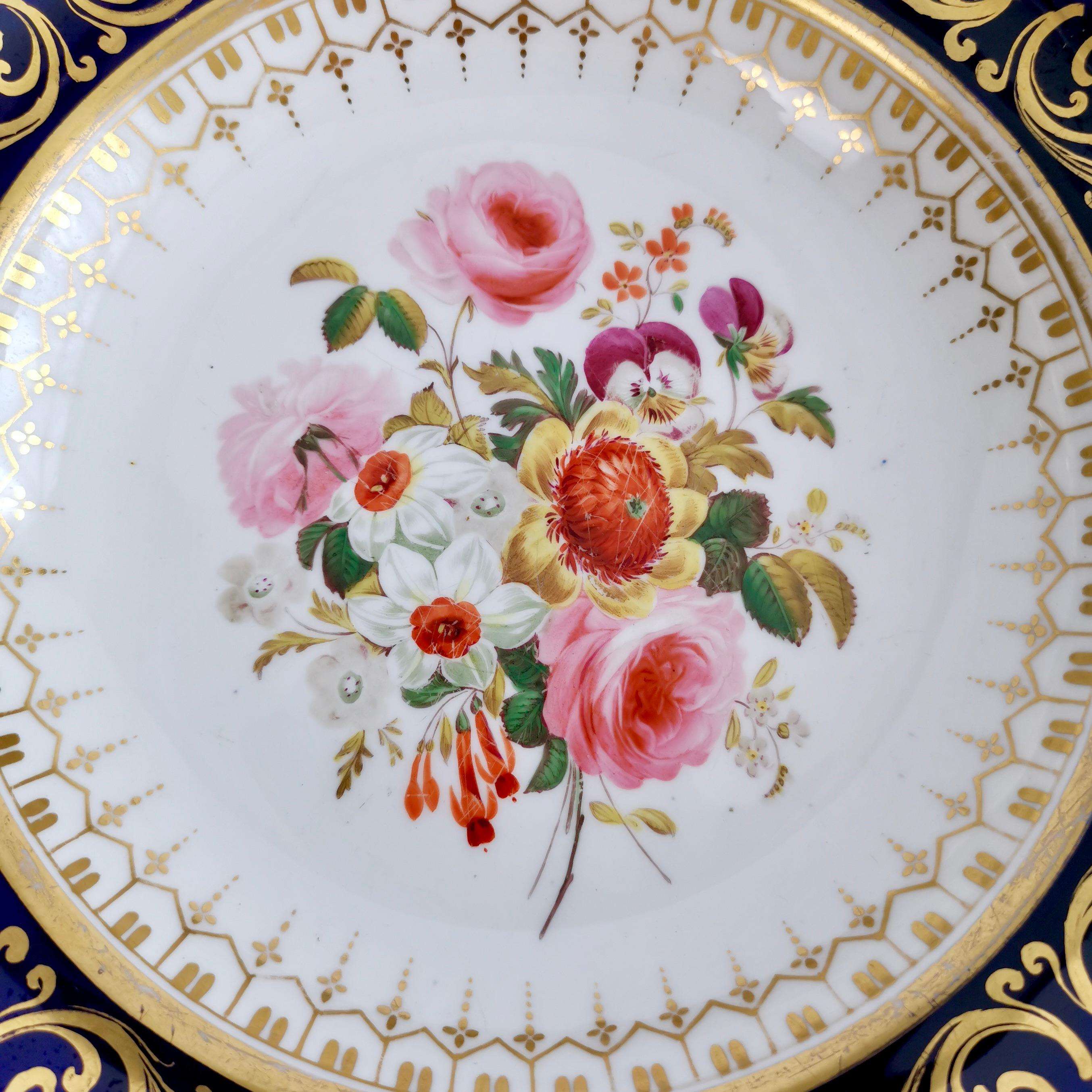 Porcelain Ridgway Full Dessert Service, Cobalt Blue, Gilt and Flowers, Regency, circa 1825