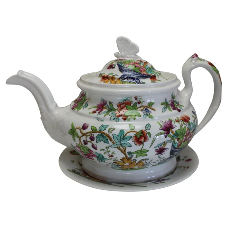 Ridgway Hand Coloured Porcelain Teapot and Stand For Sale at 1stDibs