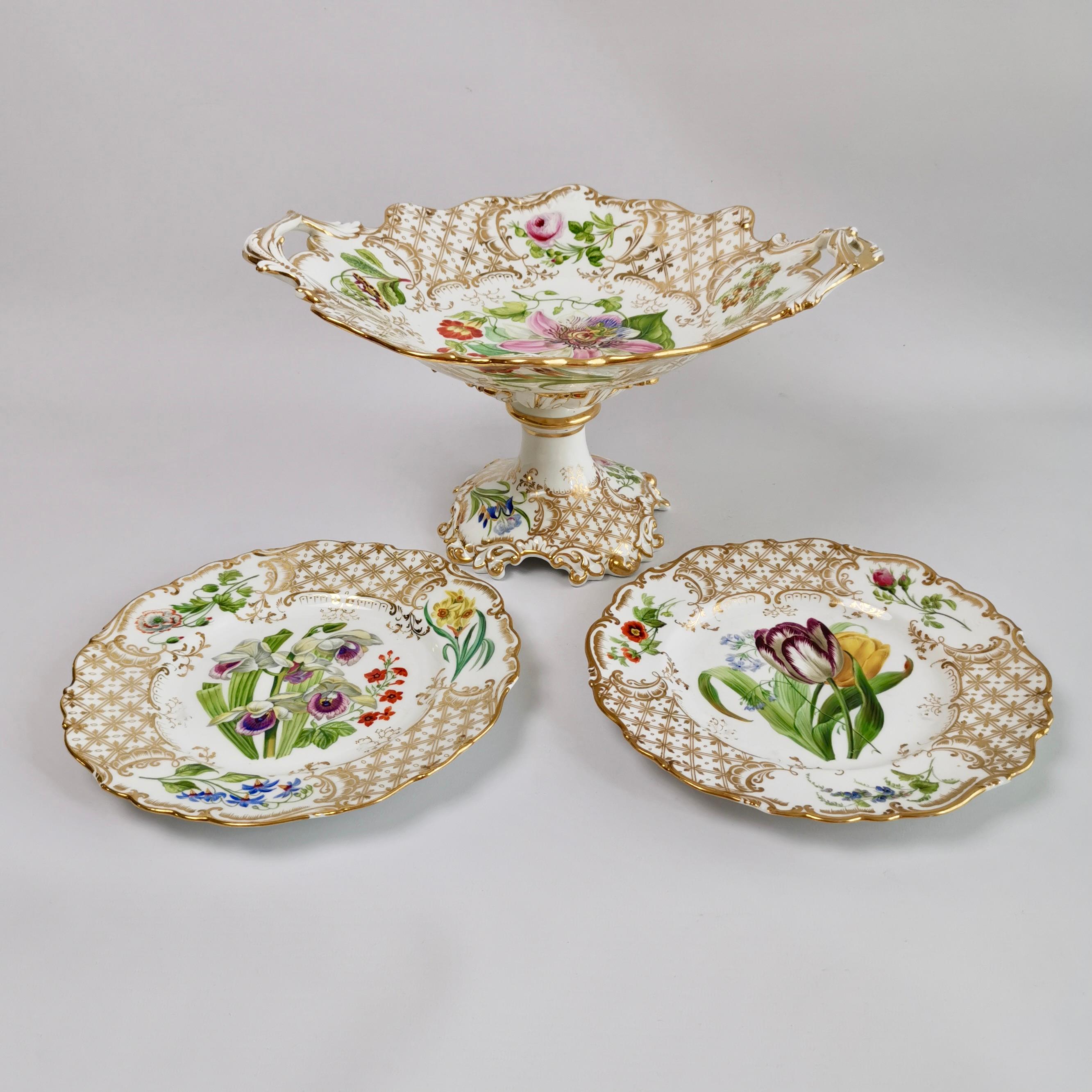 This is a stunning high footed comport made by Ridgway some time between 1845 and 1850. It would have been the centre piece of a large dessert service. The comport is beautifully shaped and has a rich decoration of lavish gilt and stunning hand