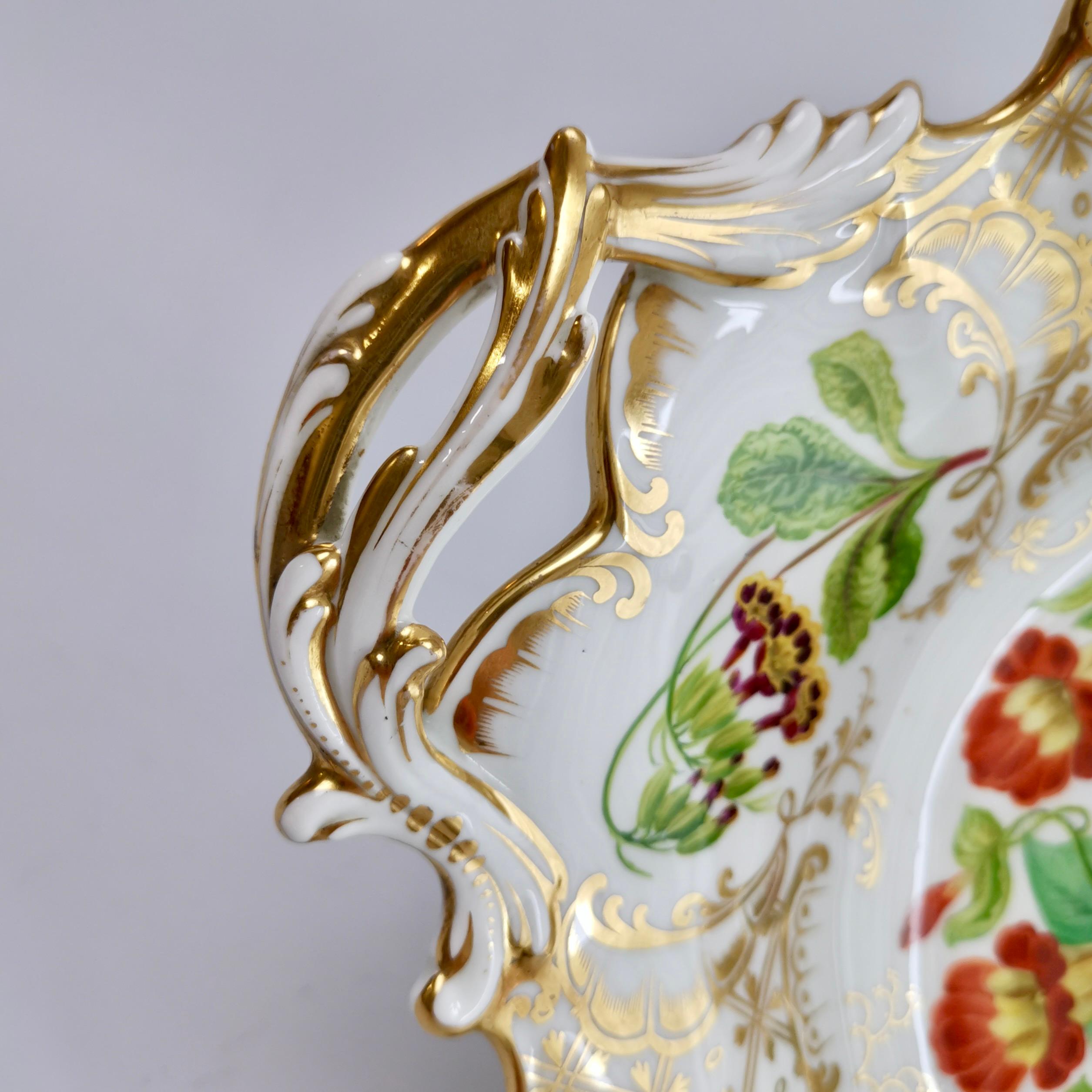 Hand-Painted Ridgway High Footed Porcelain Dessert Comport, Sublime Flowers, Gilt, 1845-1850