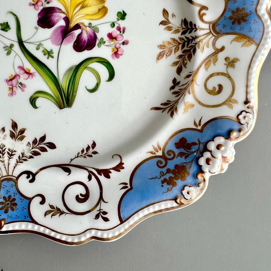 Porcelain Ridgway Plate, Daisy Moulded, Periwinkle Blue with Yellow Flower, ca 1830