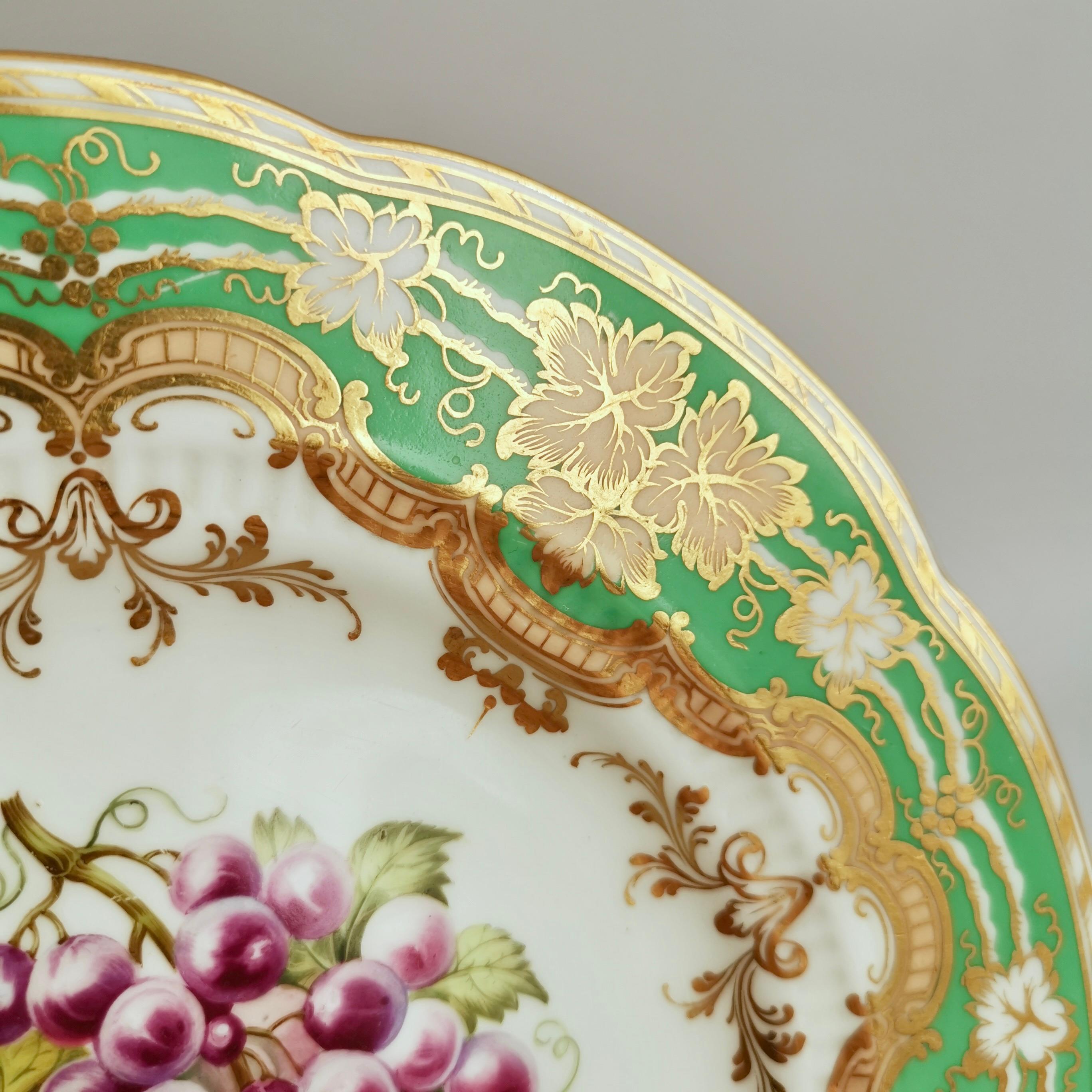 English Ridgway Plate, Emerald Green, Gilt and Sublime Hand Painted Fruits, ca 1853