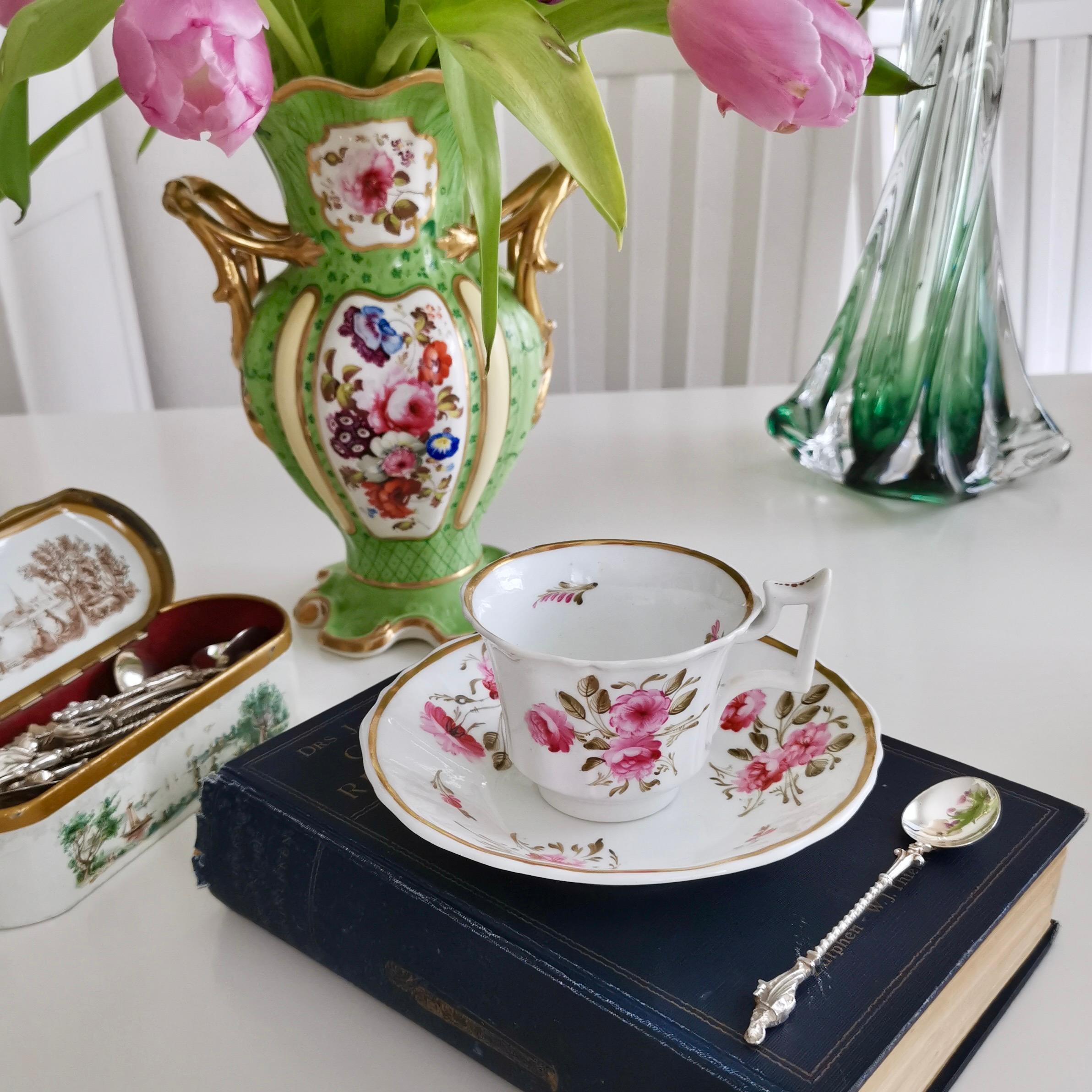 This is a very charming coffee cup and saucer made around 1825 by Ridgway. The set has a simple white ground with beautifully painted pink roses and sepia coloured foliage.

Ridgway was one of the pioneers of English china production alongside