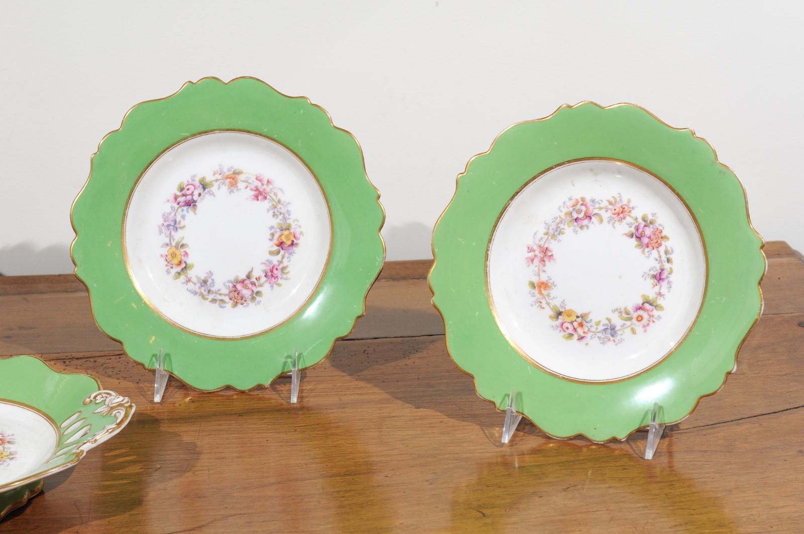 English Ridgway Porcelain Dinner Plates and Compote with Green Rim and Floral Décor For Sale