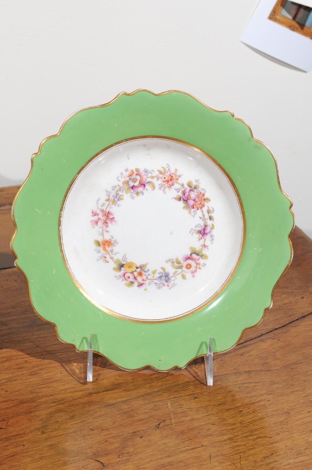 Hand-Painted Ridgway Porcelain Dinner Plates and Compote with Green Rim and Floral Décor For Sale