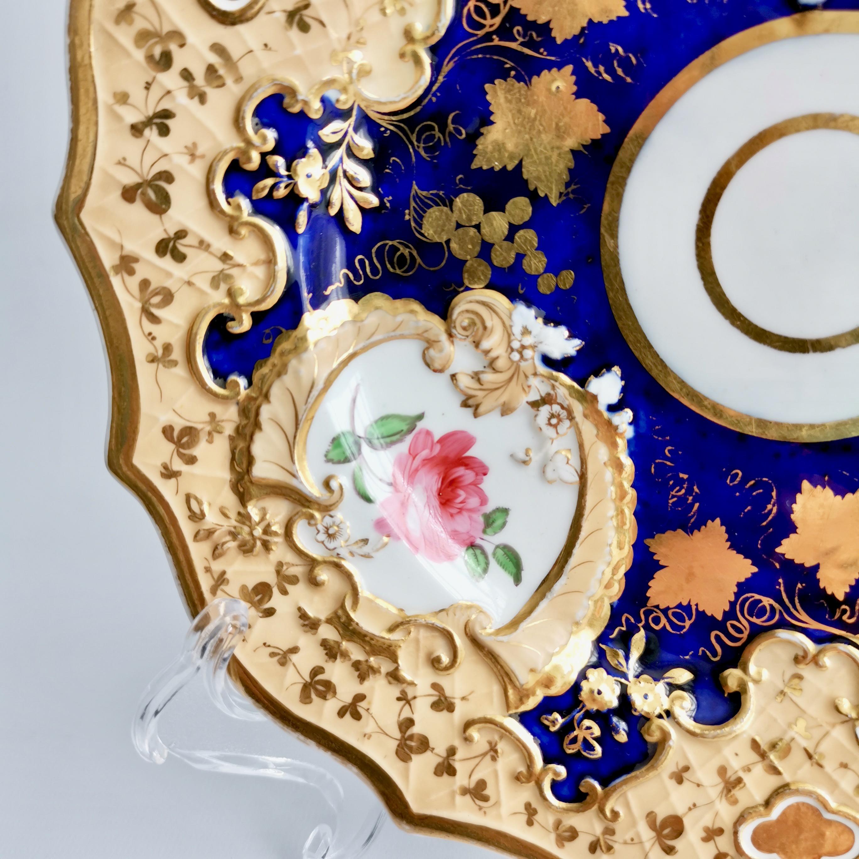 English Ridgway Porcelain Plate, Cobalt Blue, Gilt and Flowers, Regency, circa 1820