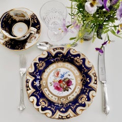 Ridgway Porcelain Plate, Cobalt Blue, Gilt, Flowers, Moustache, Regency