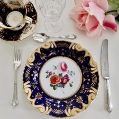 Ridgway Porcelain Plate, Cobalt Blue, Gilt, Flowers, Moustache, Regency ca 1825