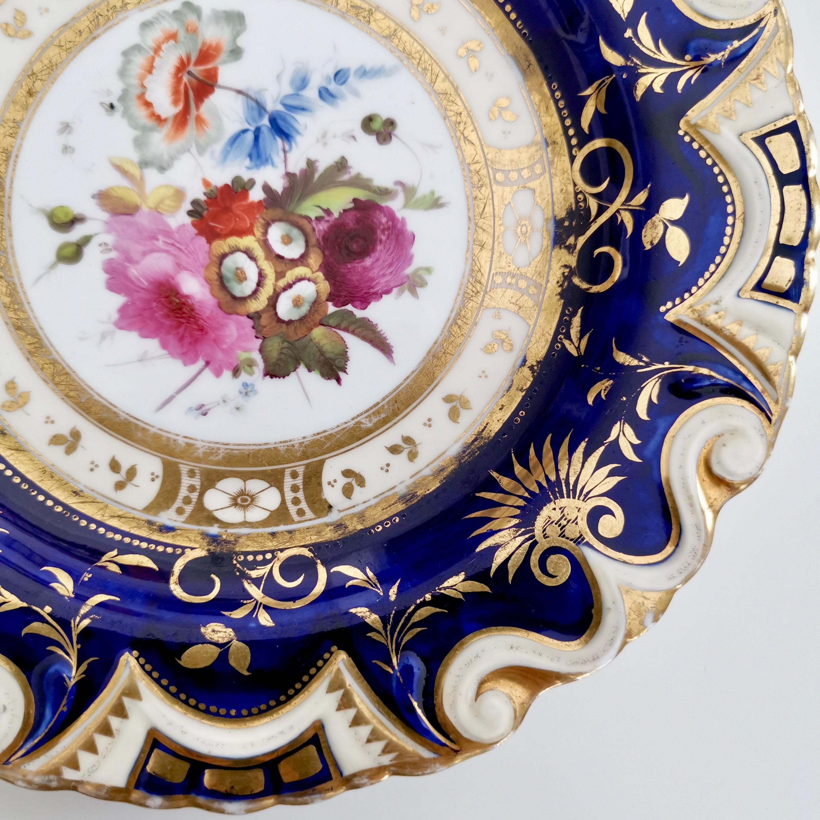 English Ridgway Porcelain Plate, Cobalt Blue, Gilt, Flowers, Moustache, Regency