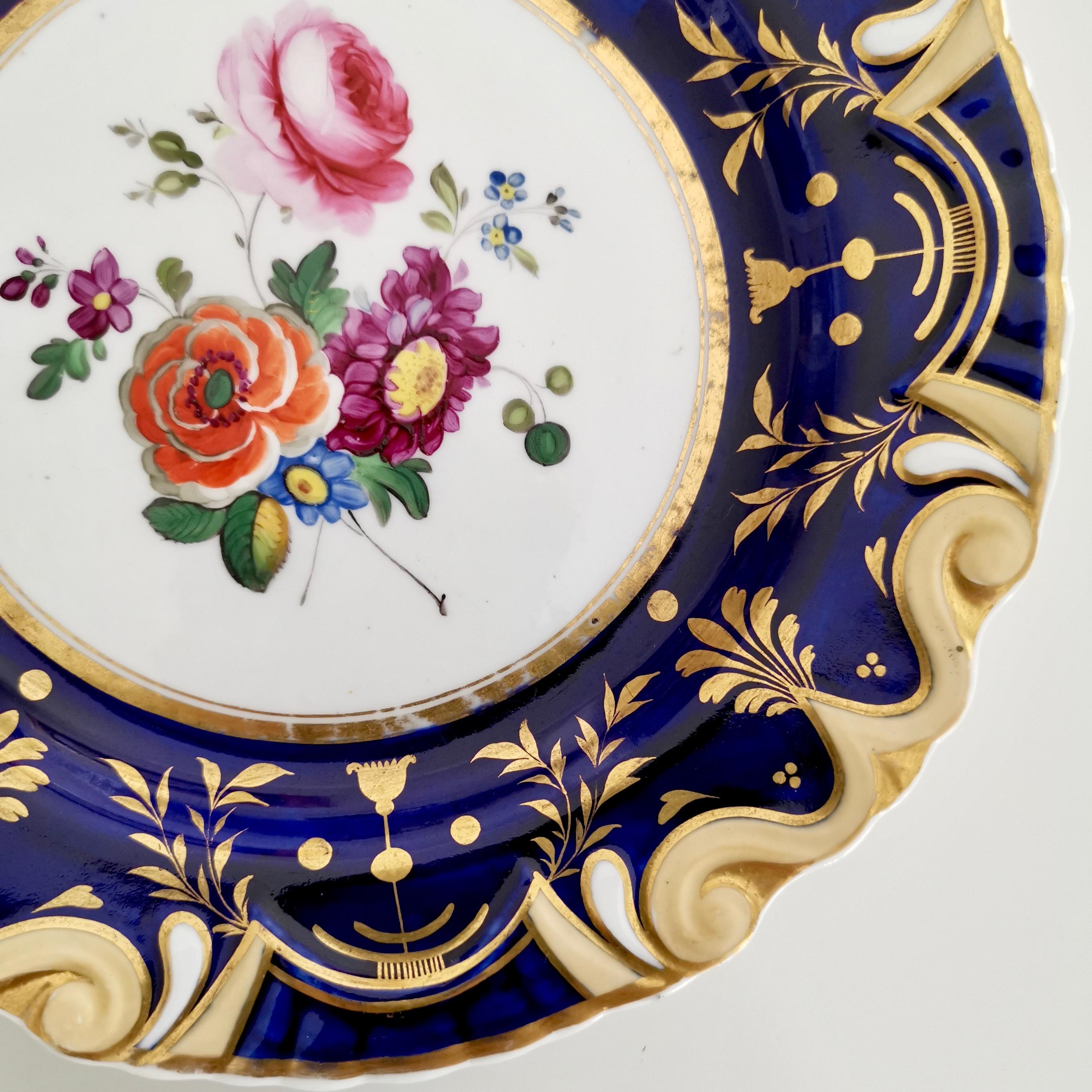 English Ridgway Porcelain Plate, Cobalt Blue, Gilt, Flowers, Moustache, Regency ca 1825