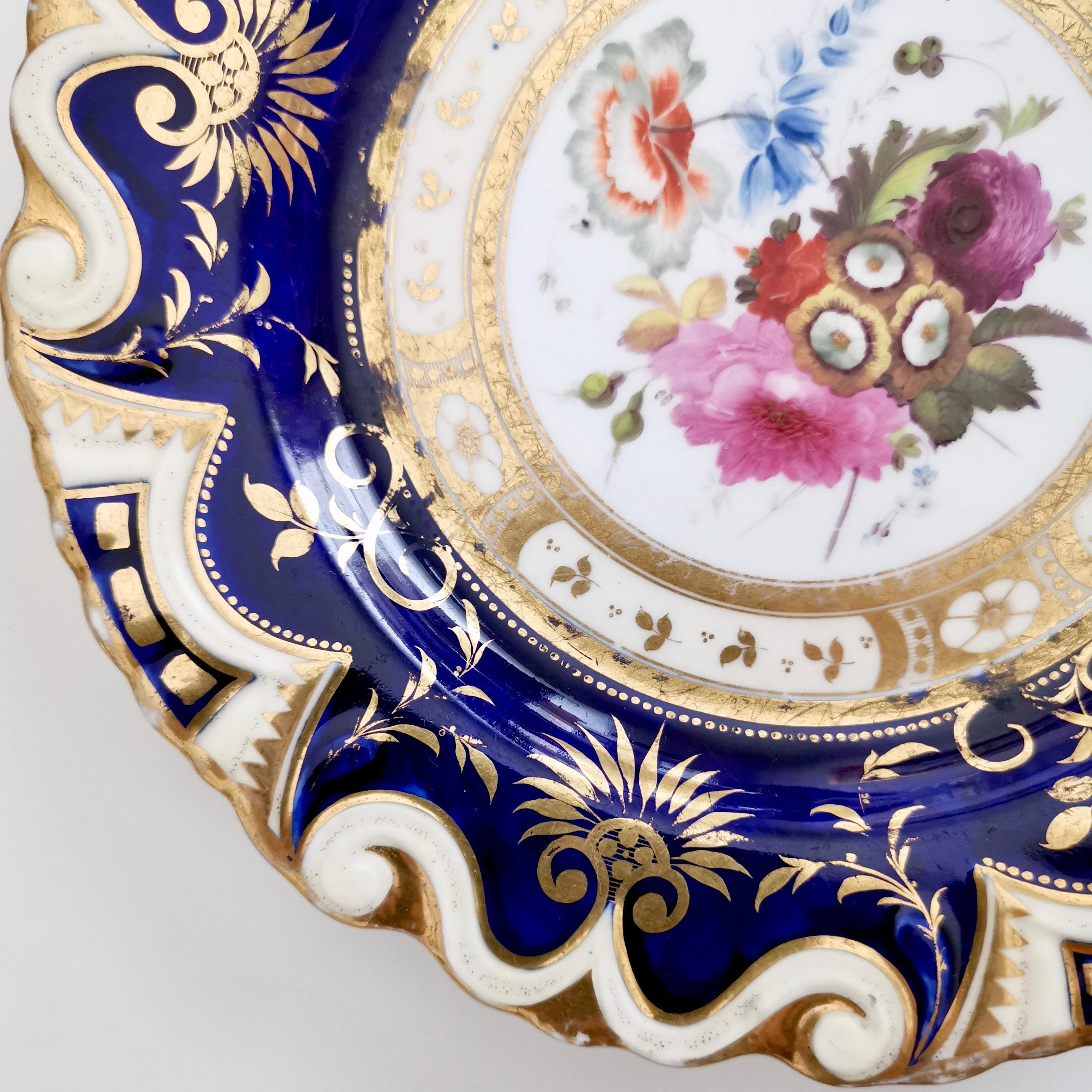 Hand-Painted Ridgway Porcelain Plate, Cobalt Blue, Gilt, Flowers, Moustache, Regency
