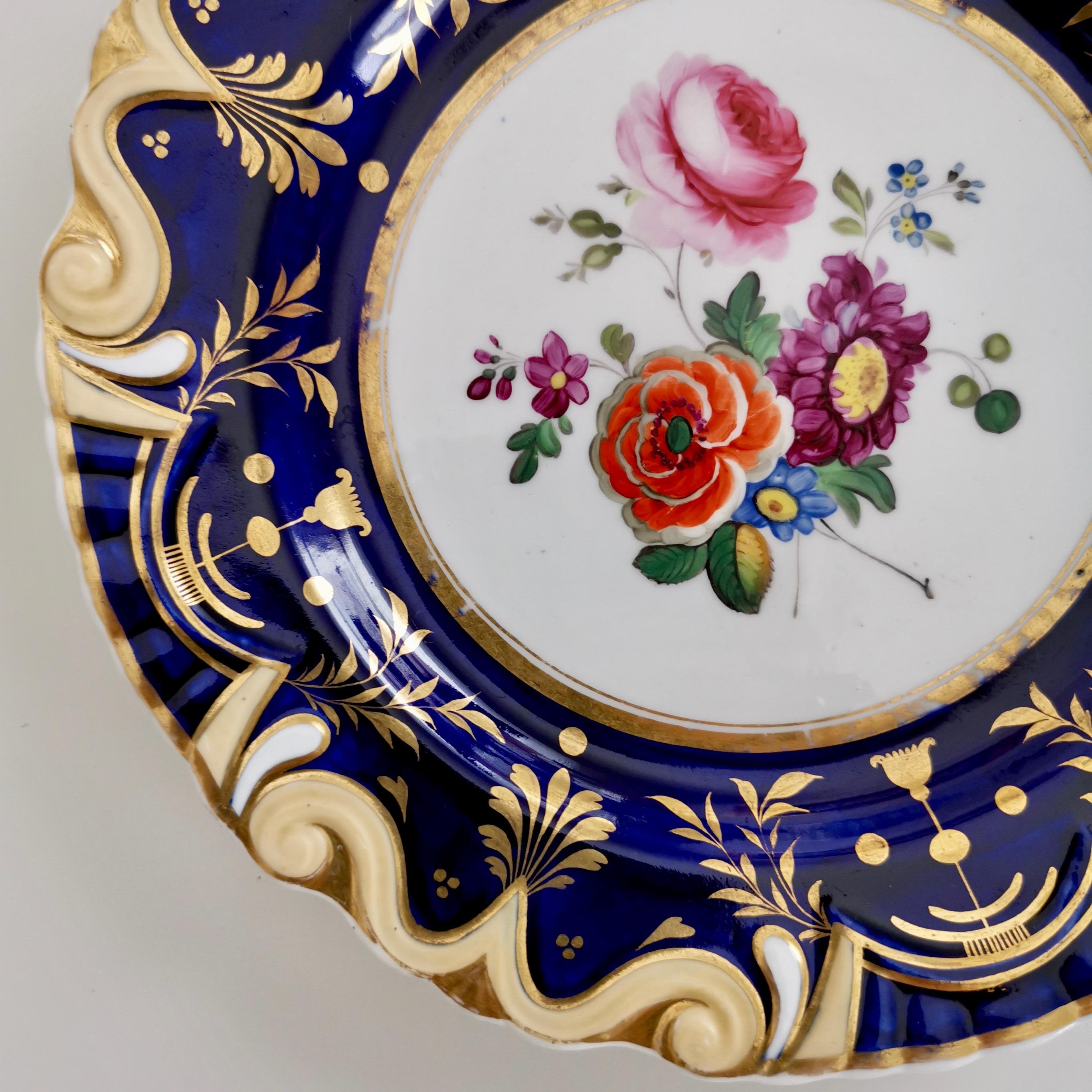 Hand-Painted Ridgway Porcelain Plate, Cobalt Blue, Gilt, Flowers, Moustache, Regency ca 1825