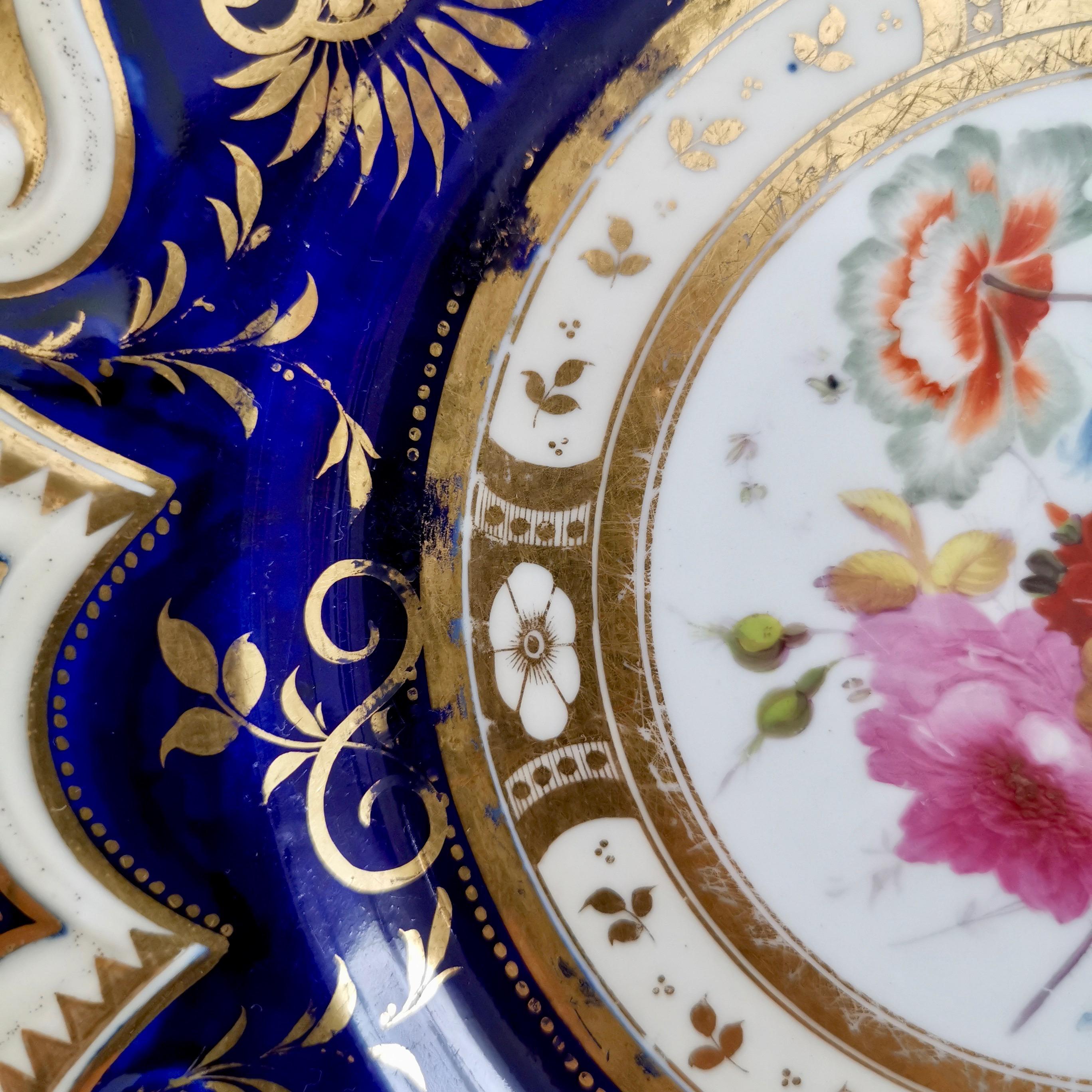 Ridgway Porcelain Plate, Cobalt Blue, Gilt, Flowers, Moustache, Regency In Good Condition In London, GB