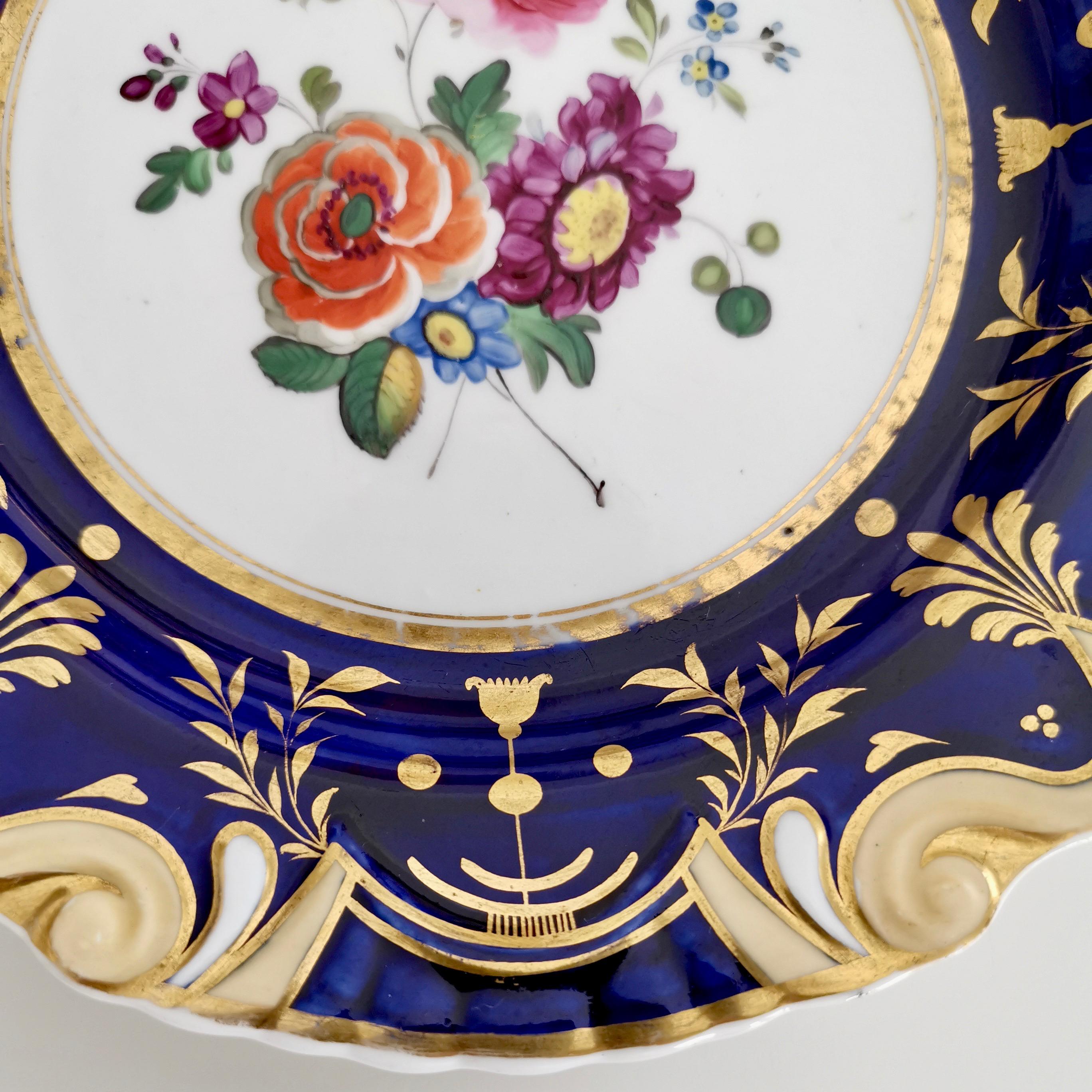 Ridgway Porcelain Plate, Cobalt Blue, Gilt, Flowers, Moustache, Regency ca 1825 In Good Condition In London, GB