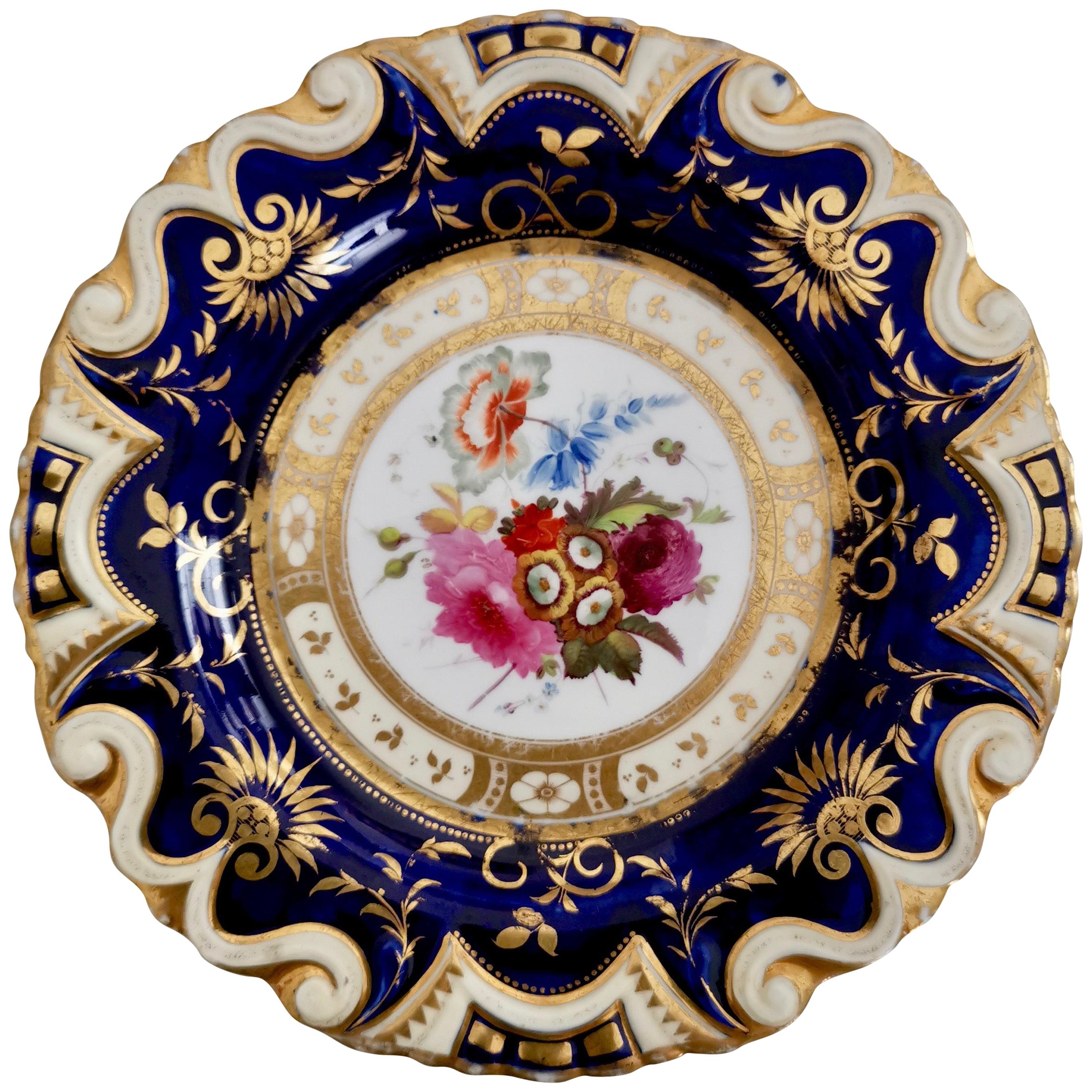 Ridgway Porcelain Plate, Cobalt Blue, Gilt, Flowers, Moustache, Regency