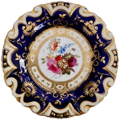 Antique Ridgway Porcelain Plate, Cobalt Blue, Gilt, Flowers, Moustache, Regency