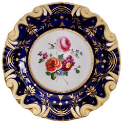 Antique Ridgway Porcelain Plate, Cobalt Blue, Gilt, Flowers, Moustache, Regency ca 1825