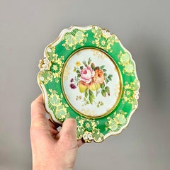 Ridgway Porcelain Plate, Daisy Moulded, Green with Flowers and Fruits, ca 1830