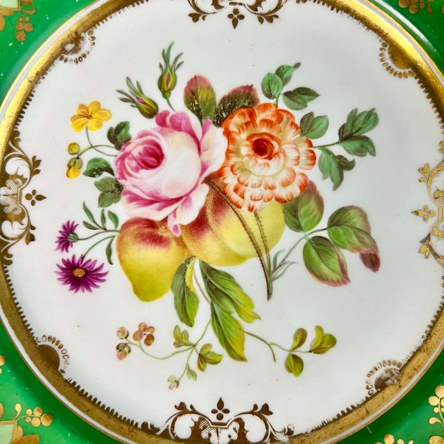 William IV Ridgway Porcelain Plate, Daisy Moulded, Green with Flowers and Fruits, ca 1830