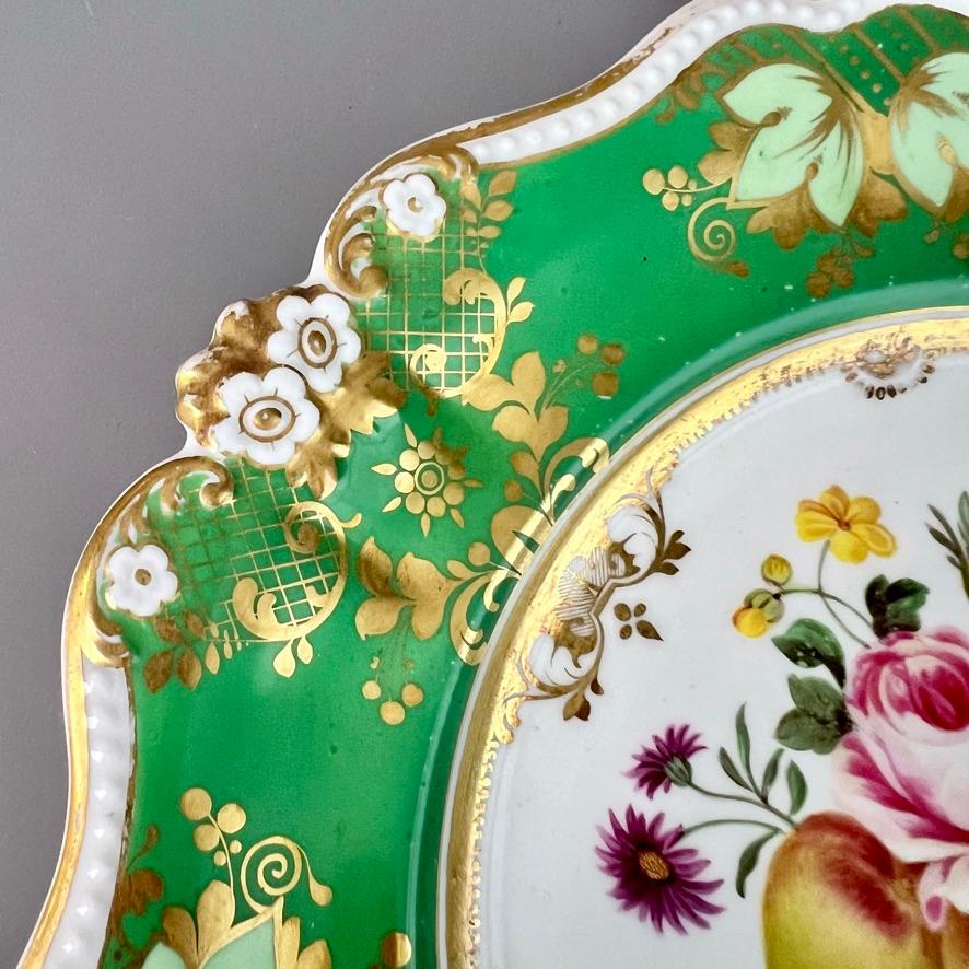 Hand-Painted Ridgway Porcelain Plate, Daisy Moulded, Green with Flowers and Fruits, ca 1830