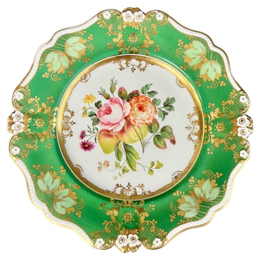 Ridgway Porcelain Plate, Daisy Moulded, Green with Flowers and Fruits, ca 1830